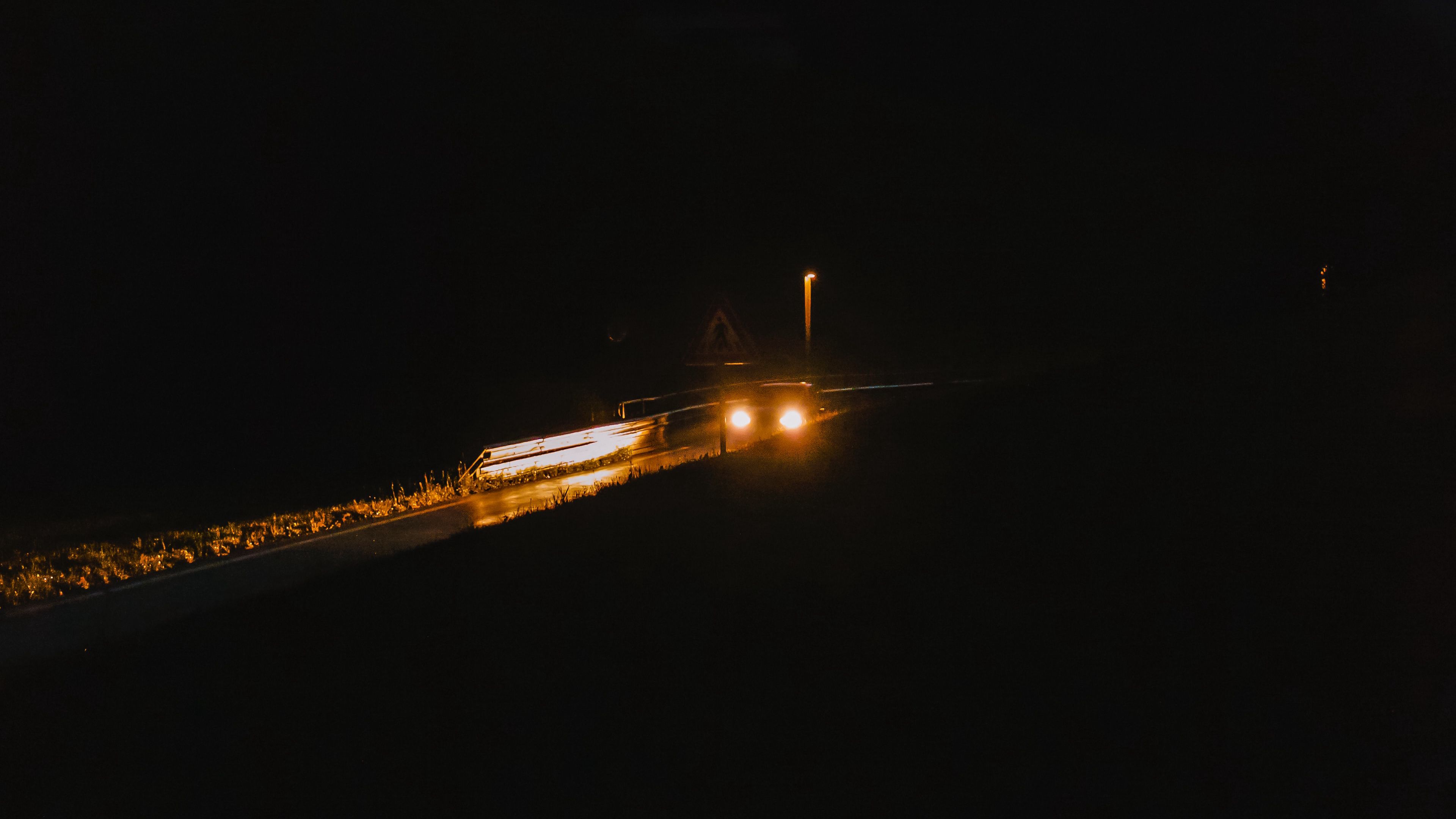 road, night, dark, headlights, light, 4k, HD Wallpaper