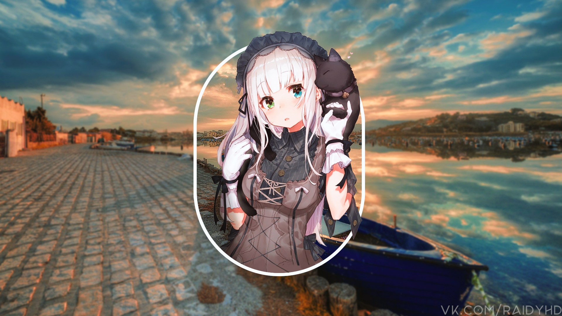anime girls, anime, picture-in-picture, heterochromia, black cats, HD Wallpaper