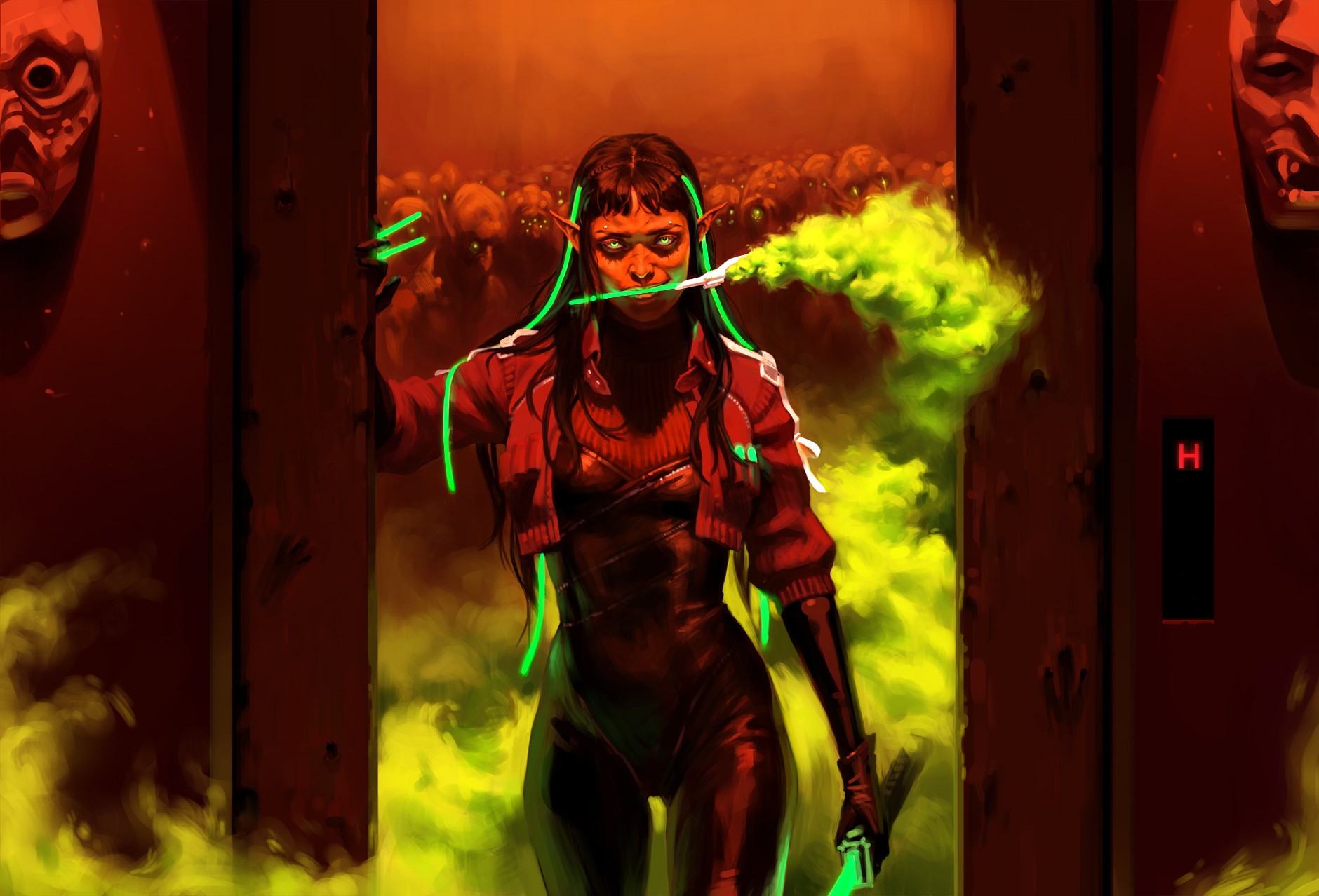women, brunette, long hair, neon, smoke, door, hangar, armor, mask, Yujin Kim, painting, HD Wallpaper