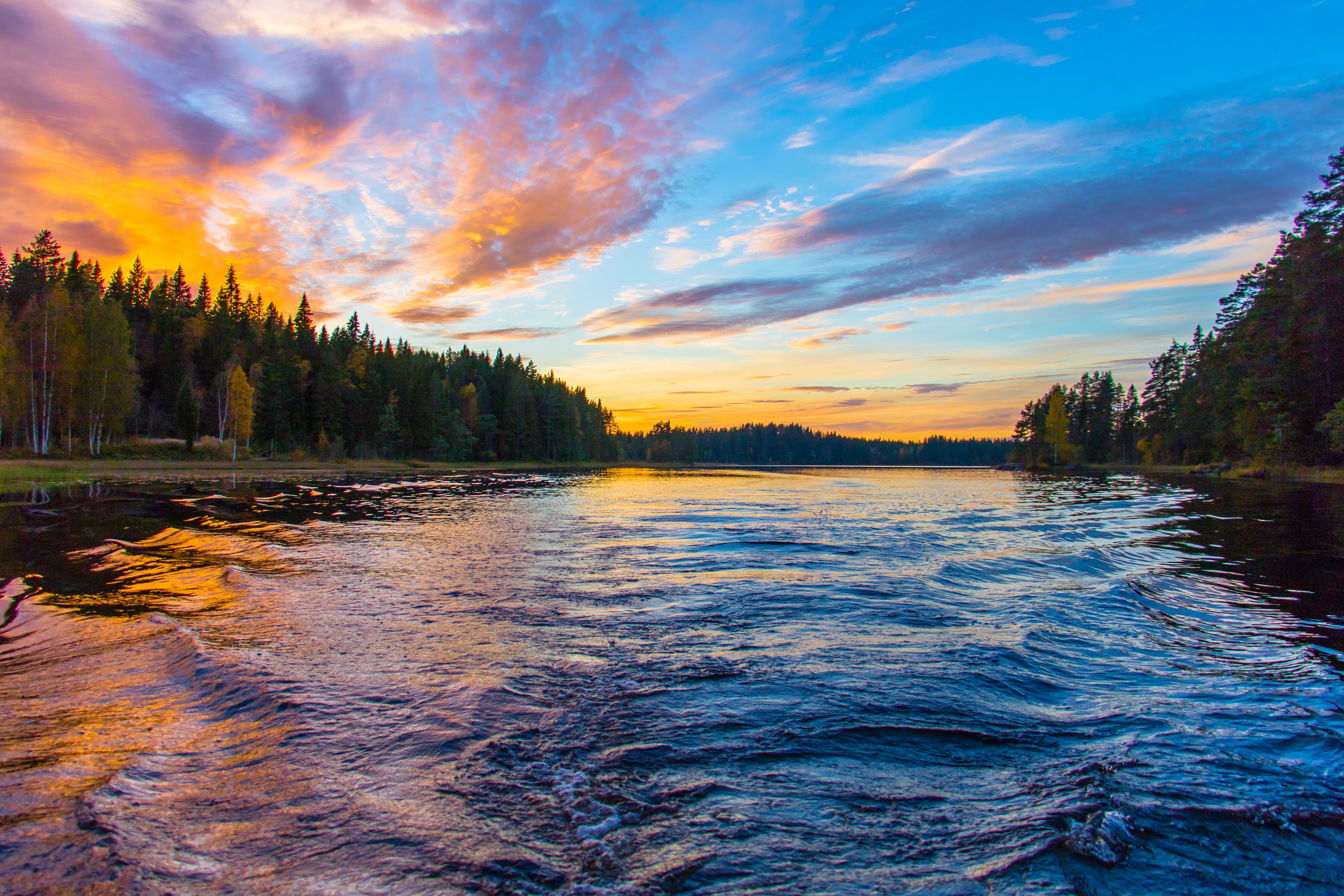 nature, landscape, river, forest, clouds, water, waves, HD Wallpaper