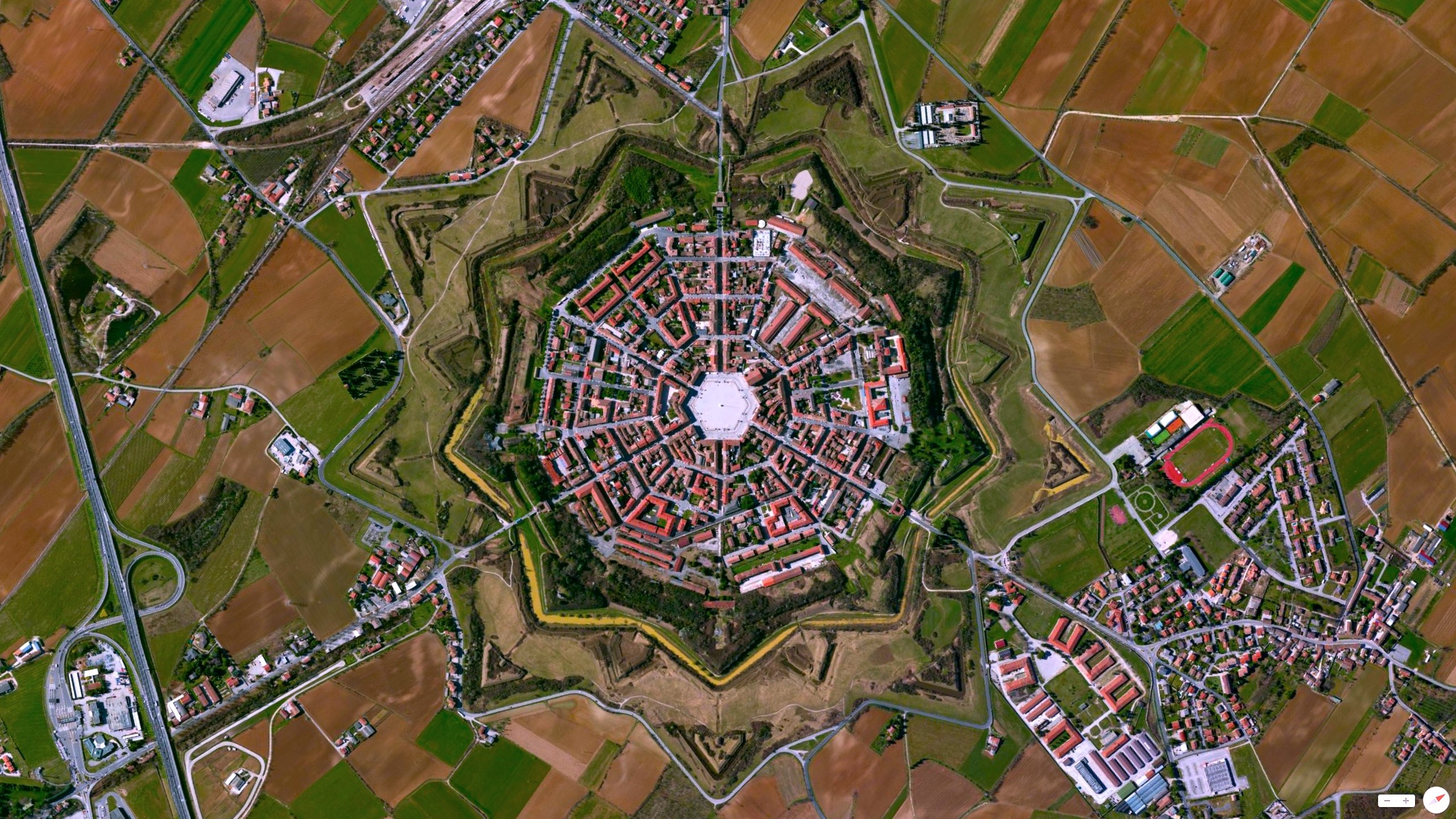 nature, landscape, aerial view, trees, Palmanova, Italy, monastery, fort, architecture, town, road, field, house, rooftops, geometry, HD Wallpaper