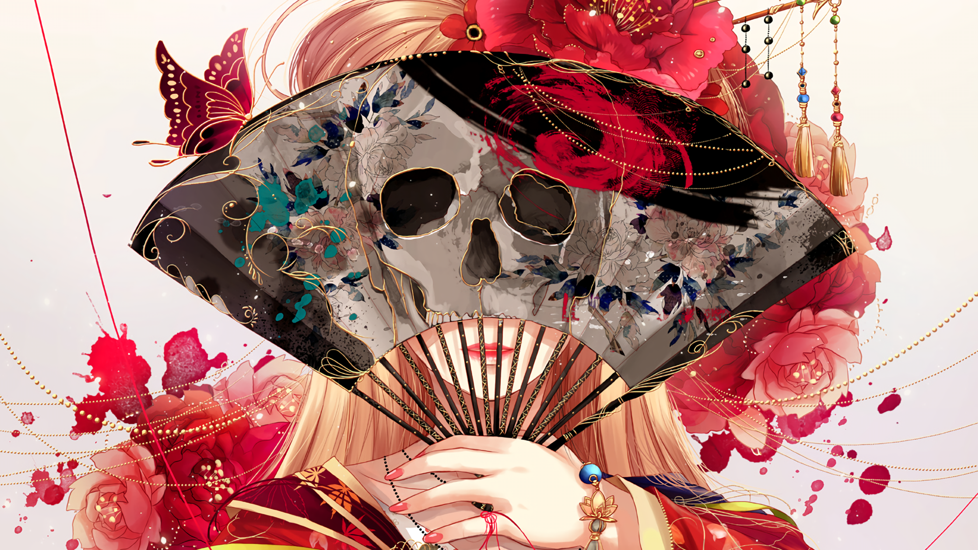 blonde, skull, butterfly, roses, bracelets, HD Wallpaper