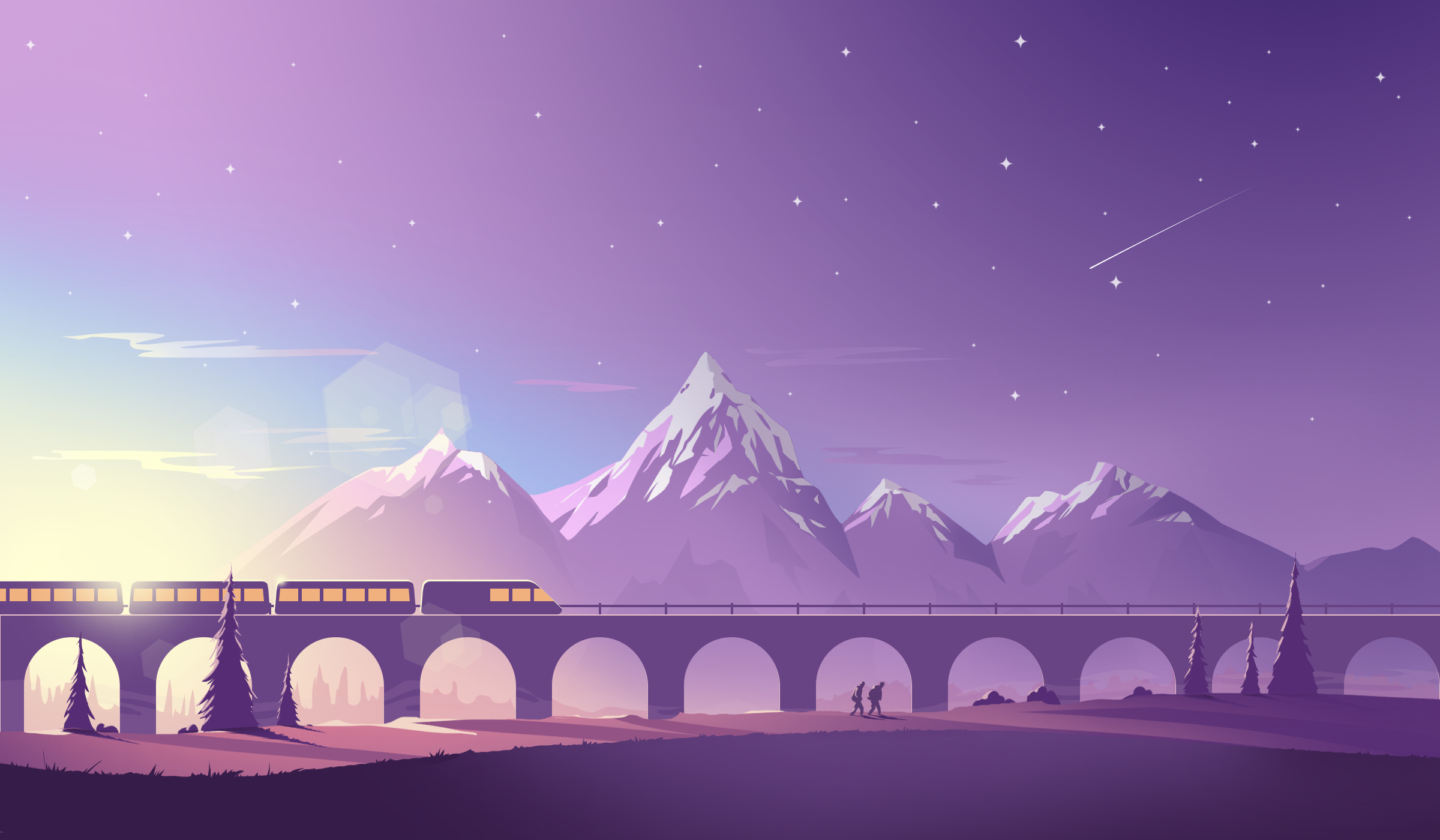 train, bridge, mountains, stars, shooting stars, lens flare, HD Wallpaper