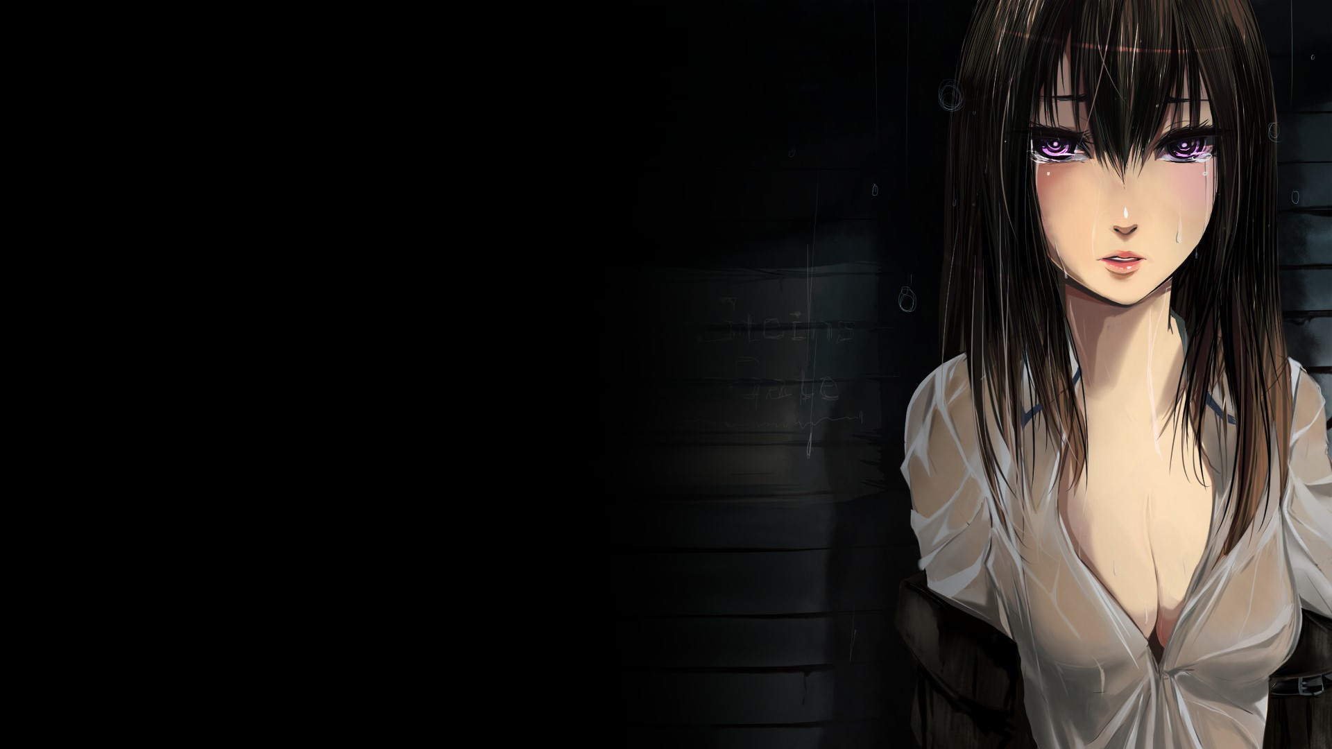 anime, anime girls, black hair, purple eyes, cleavage, HD Wallpaper