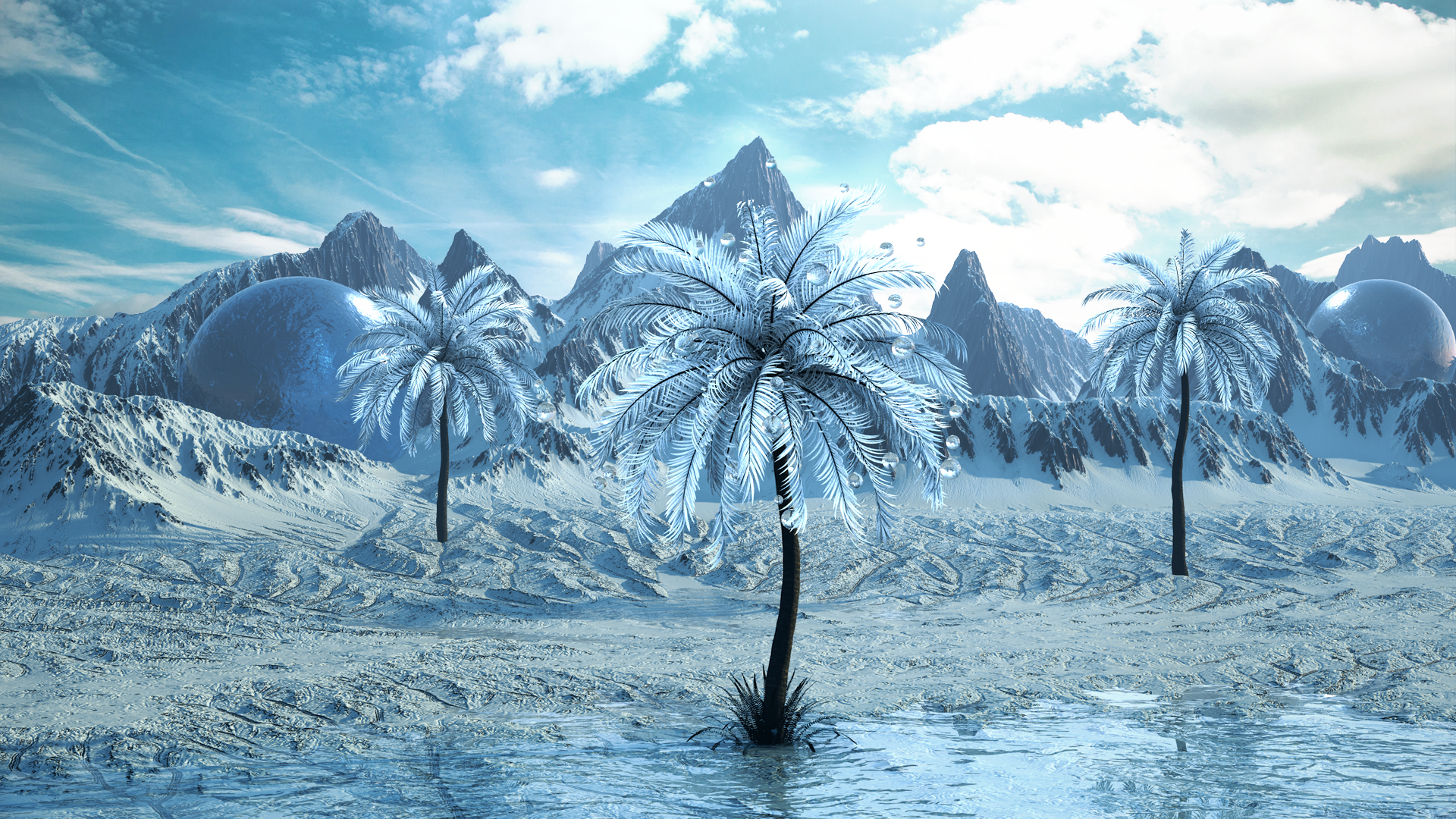 Cinema 4D, landscape, 3D Abstract, digital art, cyan, ice, frost, snow, mountains, palm trees, HD Wallpaper
