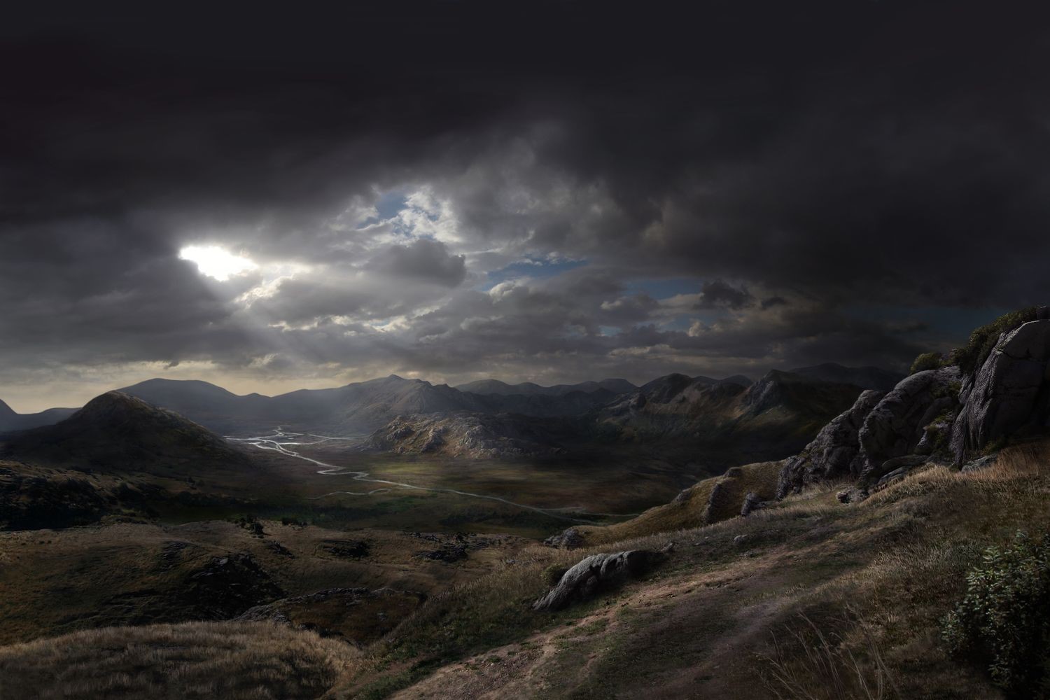 nature, landscape, mountains, clouds, Jack Moik, sun rays, digital art, painting, valley, river, rock, HD Wallpaper