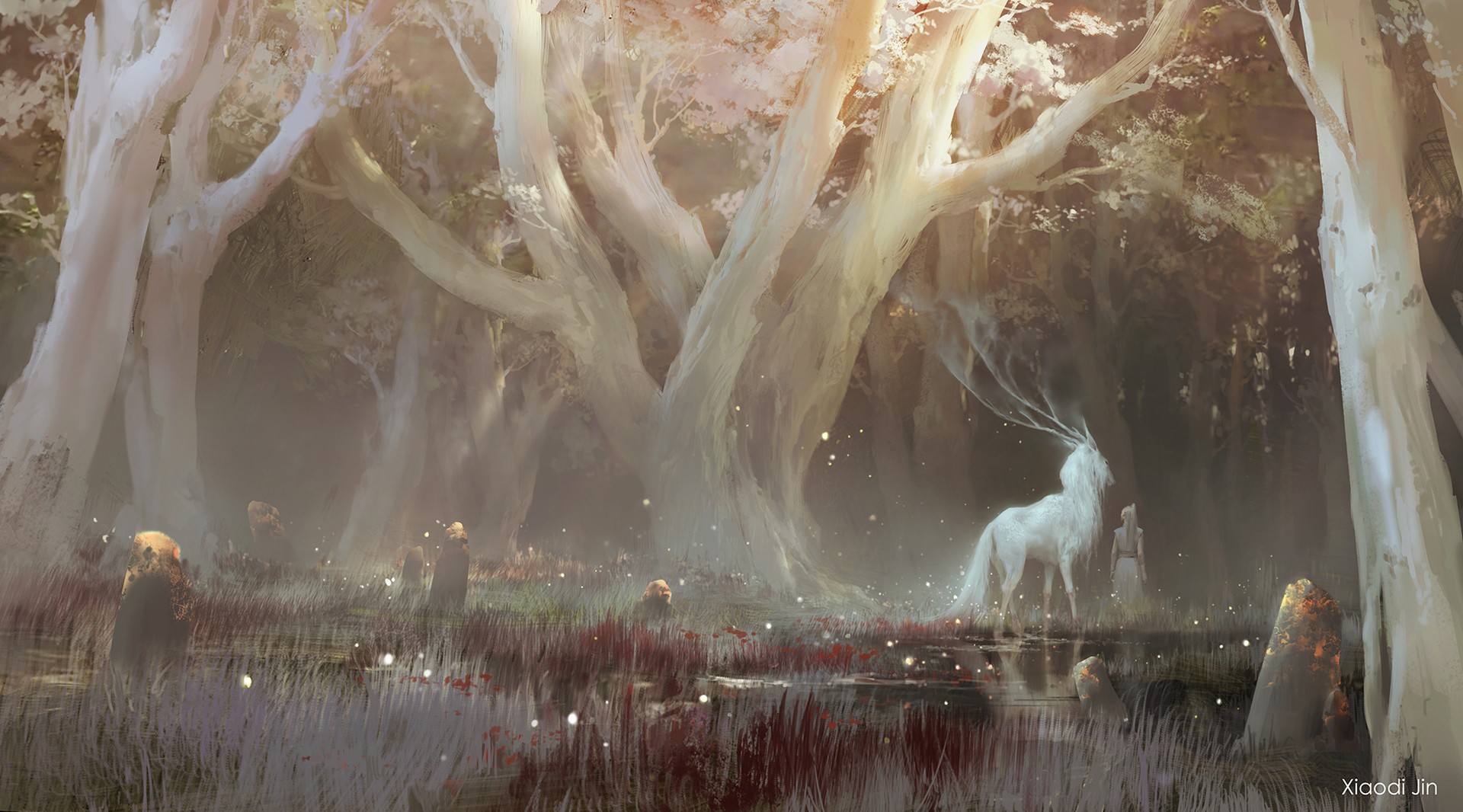 xiaodi jin, concept art, landscape, forest, women, trees, grass, deer, stones, HD Wallpaper