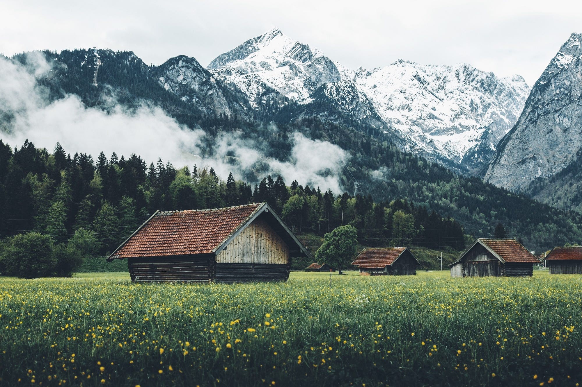 mountains, house, trees, plants, flowers, clouds, landscape, Switzerland, snow, HD Wallpaper