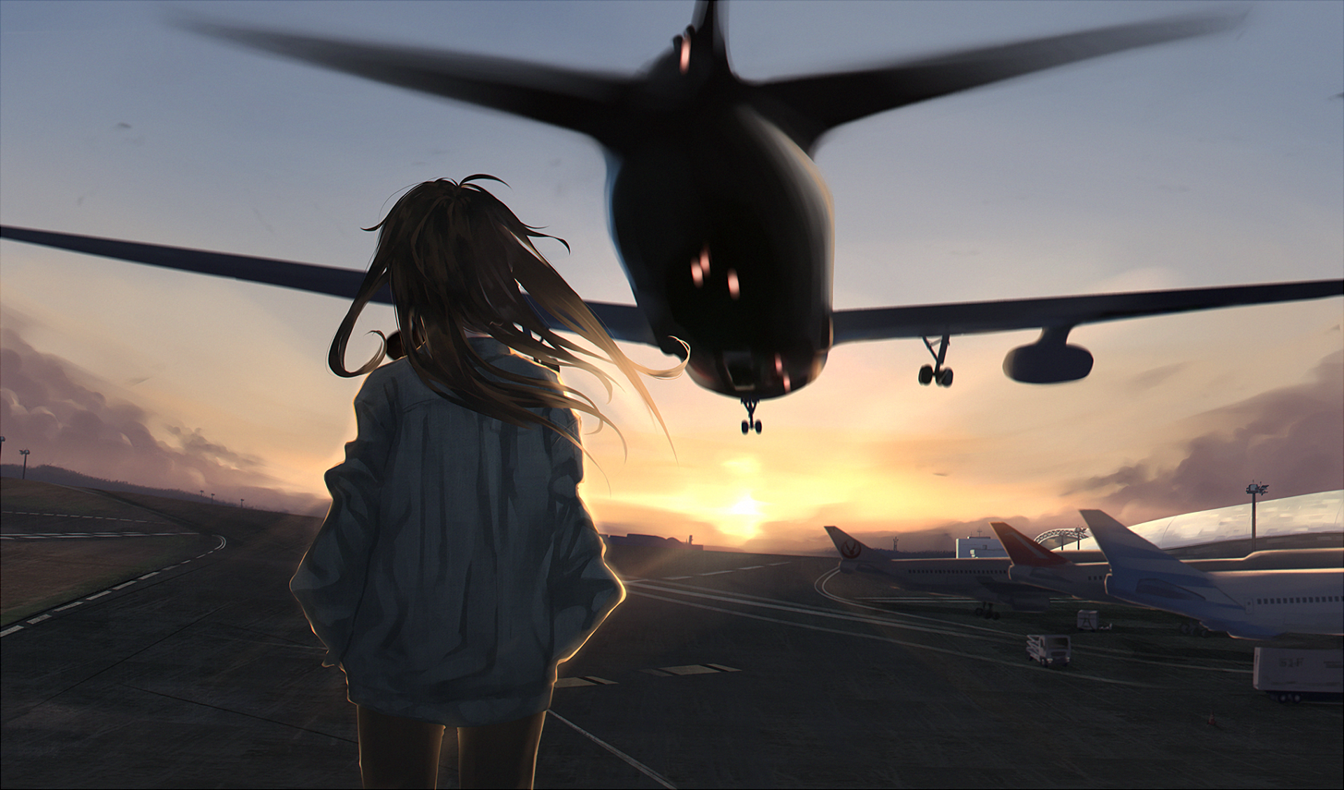 anime girls, airport, planes, sunset, HD Wallpaper