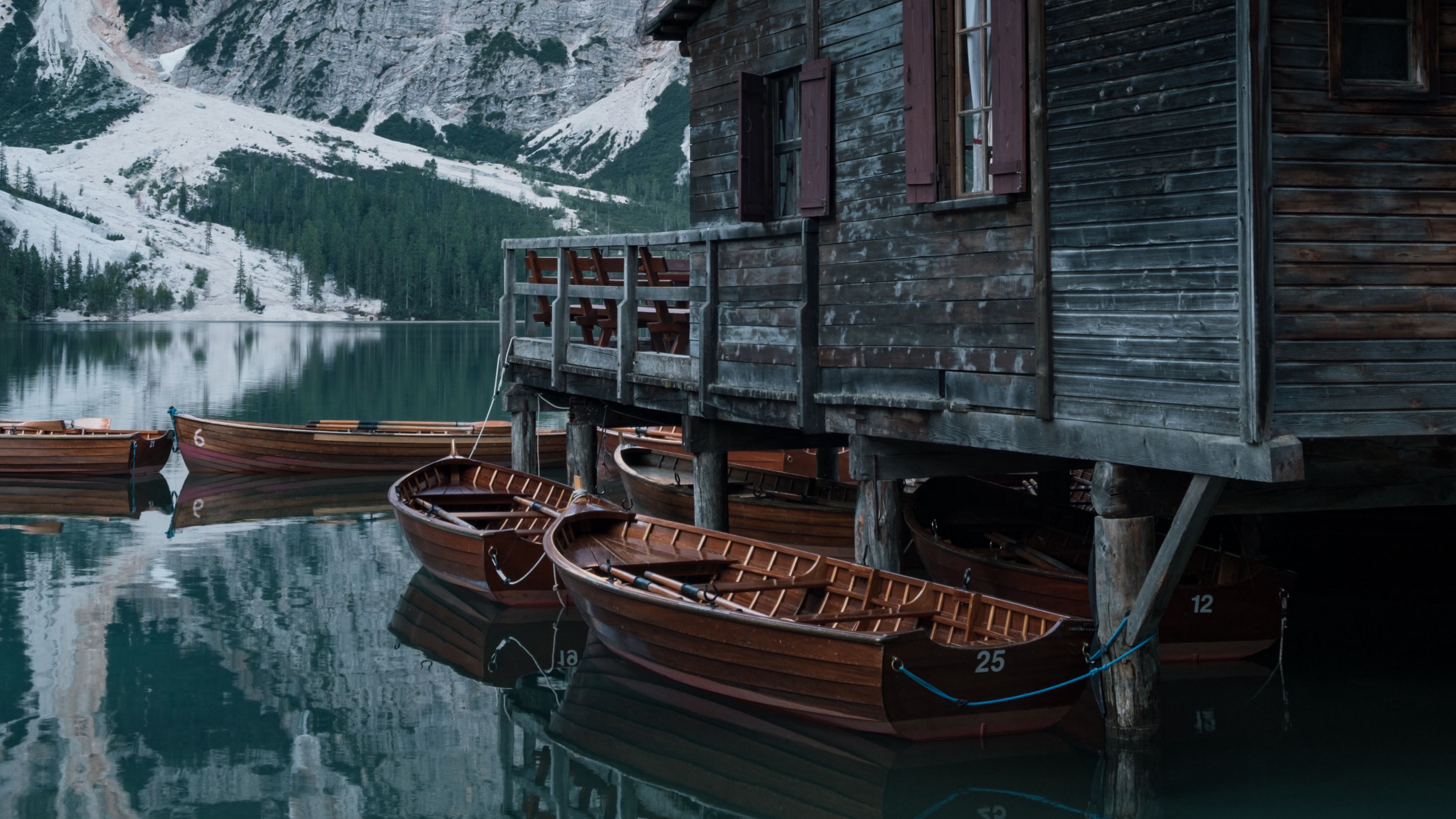 house, lake, boats, pier, mountains, 4k, HD Wallpaper