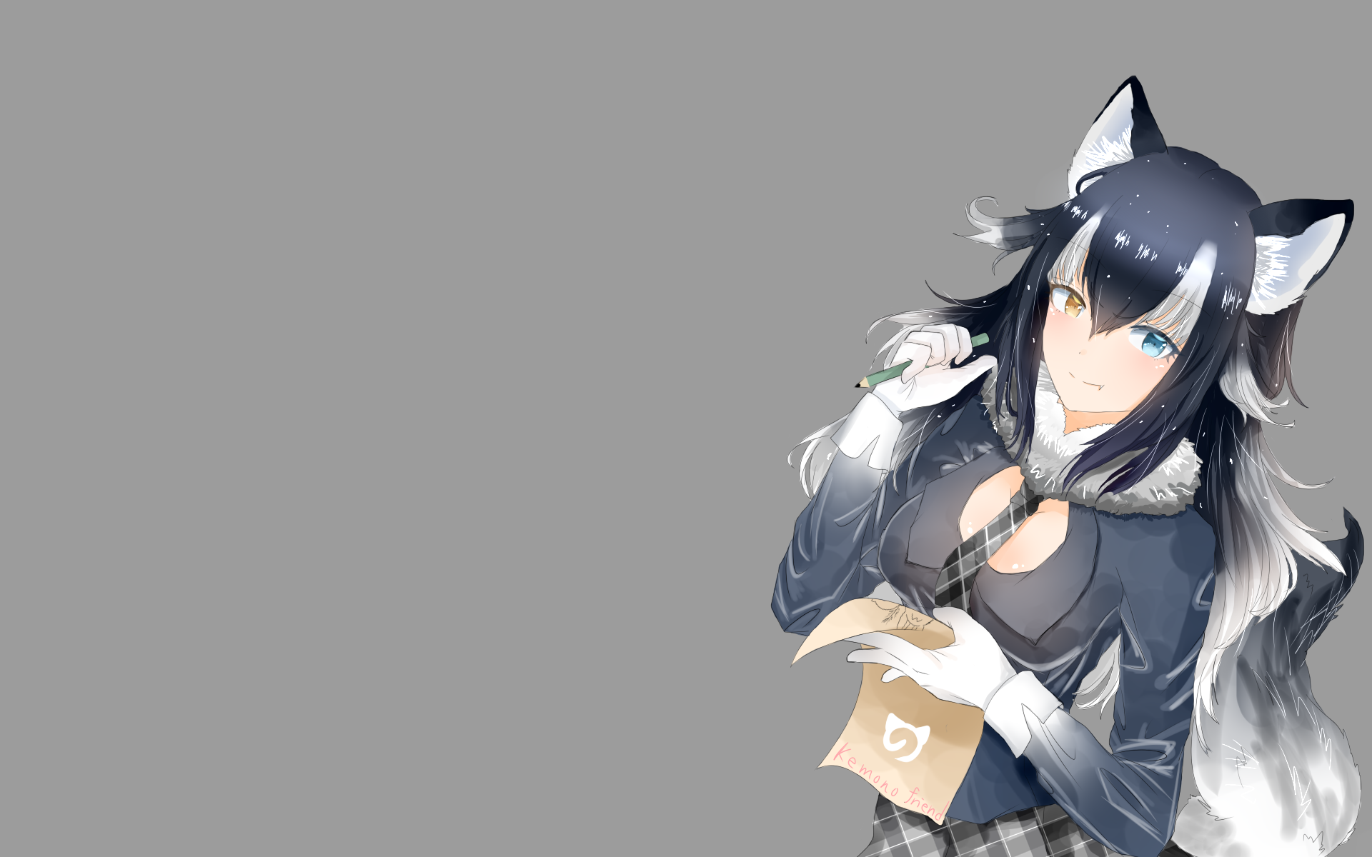 anime, anime girls, simple background, Kemono Friends, gray background, heterochromia, HD Wallpaper