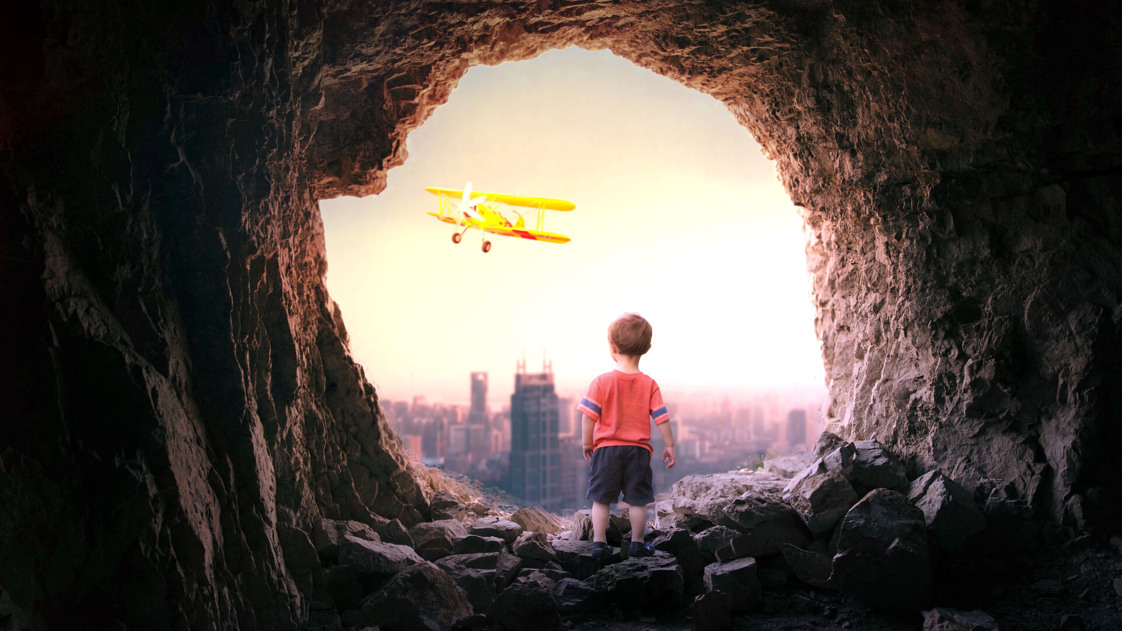 cave, child, plane, city, view, 4k, HD Wallpaper