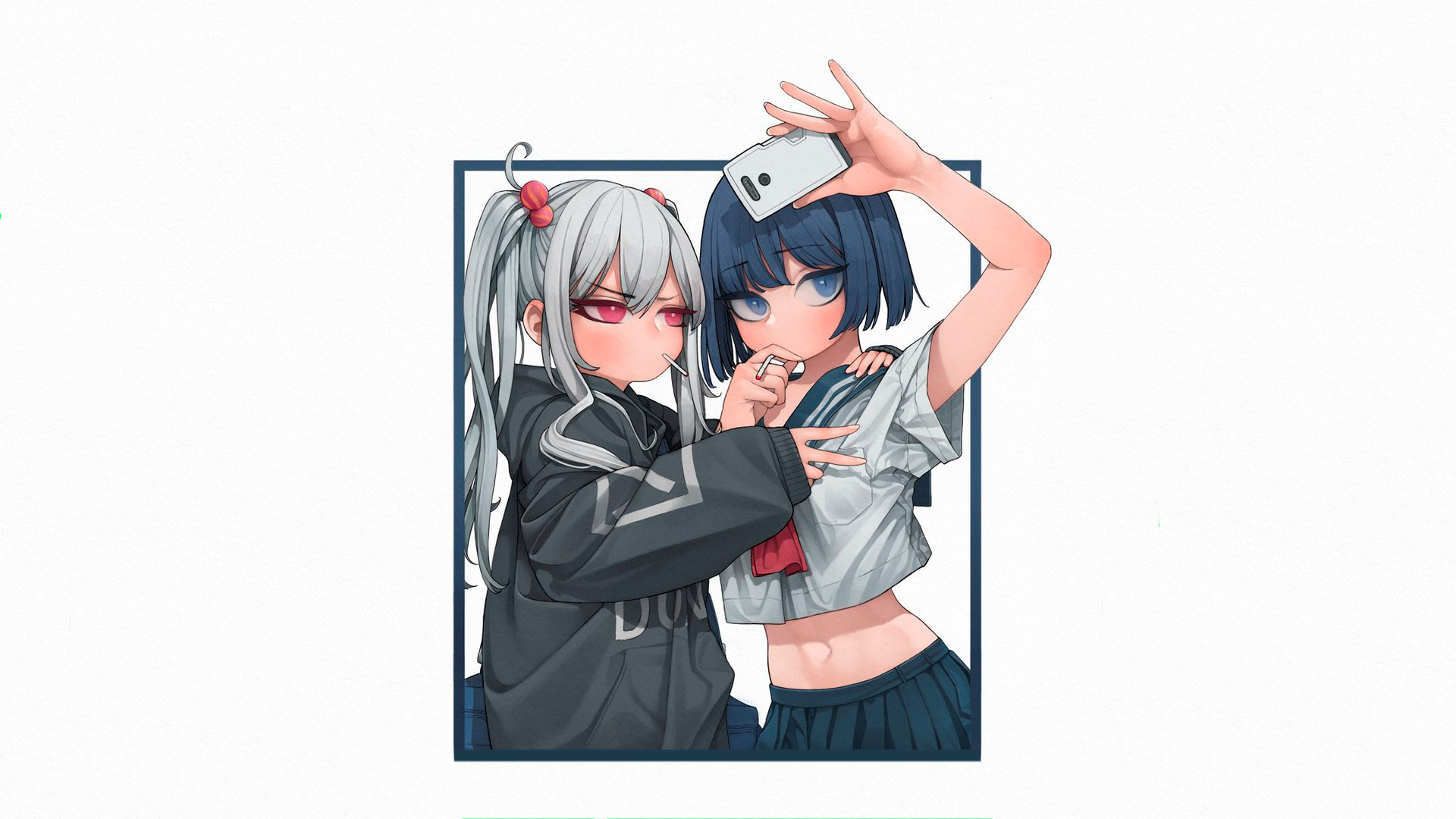 anime, manga, anime girls, simple background, white background, minimalism, white hair, school uniform, sailor uniform, selfies, blue hair, picture-in-picture, HD Wallpaper
