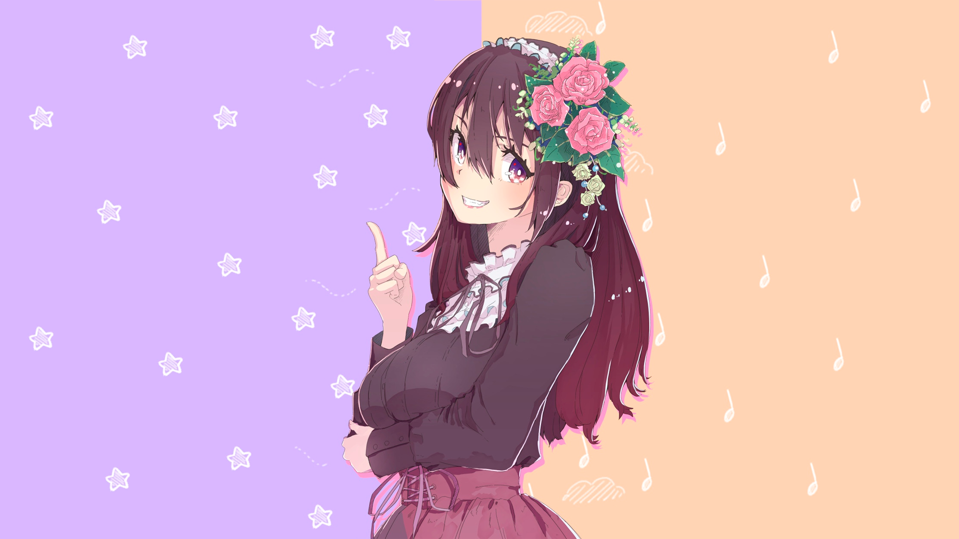 anime, manga, anime girls, simple background, smiling, purple, orange, stars, musical notes, flower in hair, HD Wallpaper