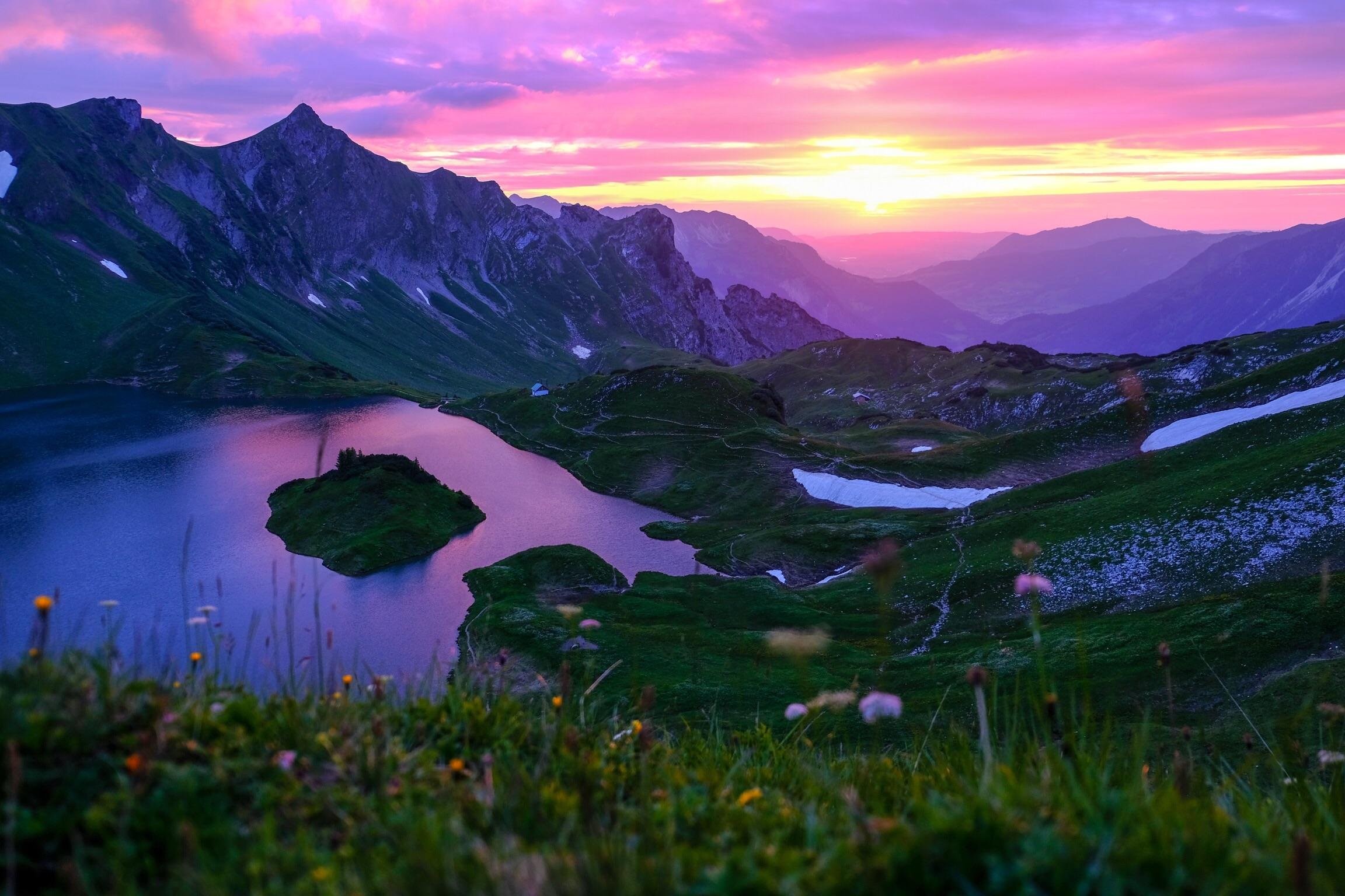 river, lake, Germany, mountains, sunset, flowers, grass, landscape, nature, HD Wallpaper