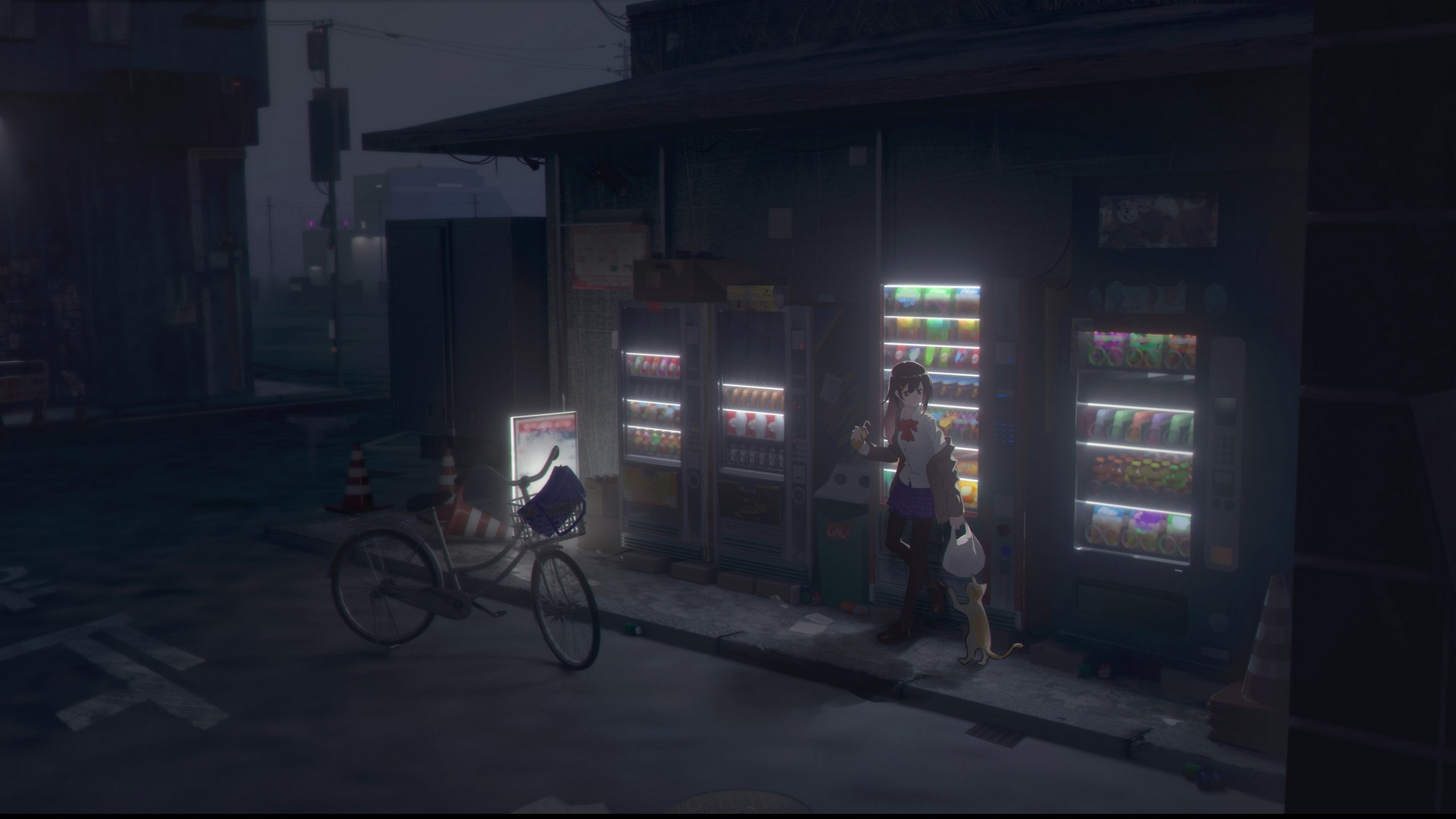 bicycle, cats, vending machine, skirt, school uniform, night, city, moescape, HD Wallpaper