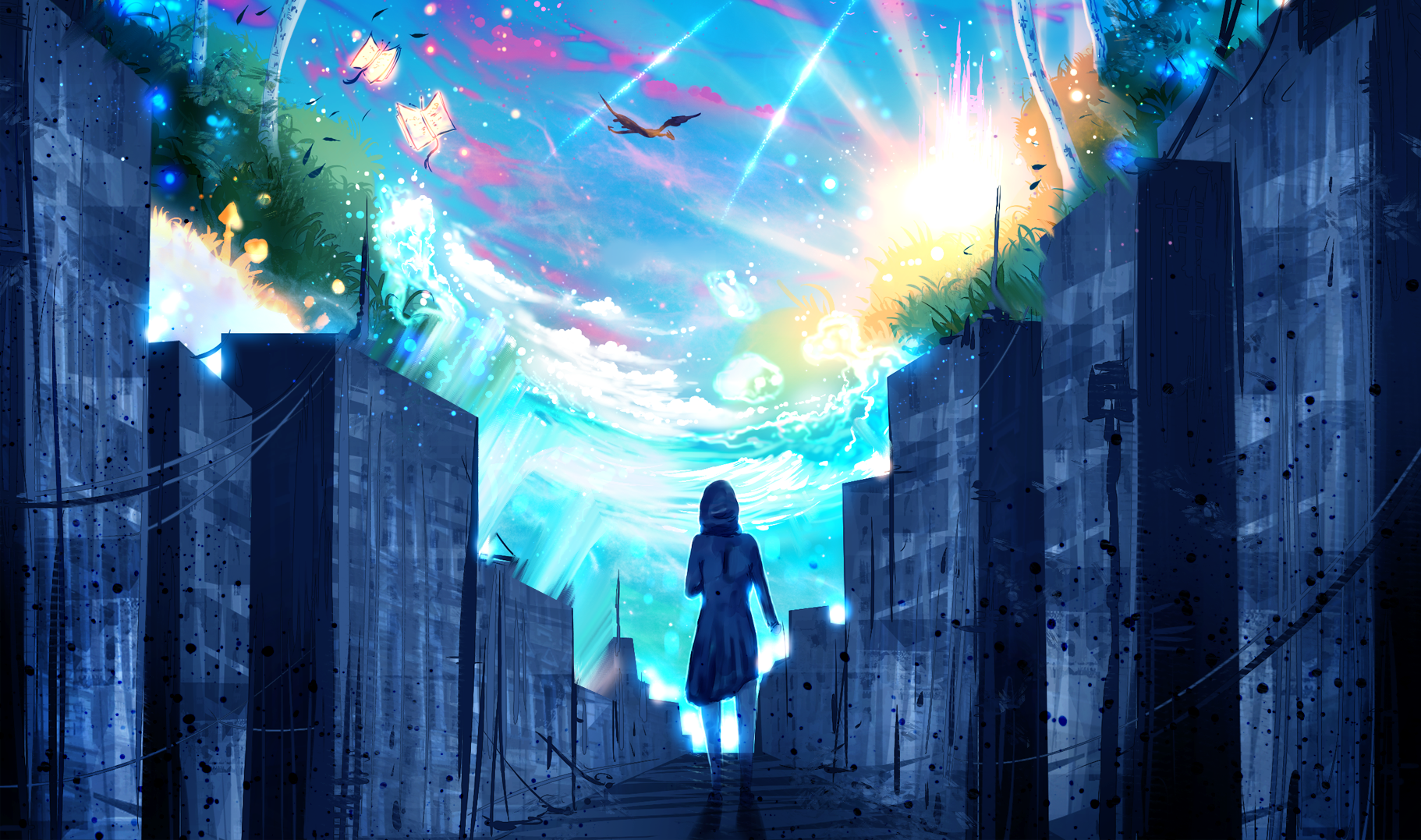 ryky, painting, digital art, cityscape, books, sky, HD Wallpaper
