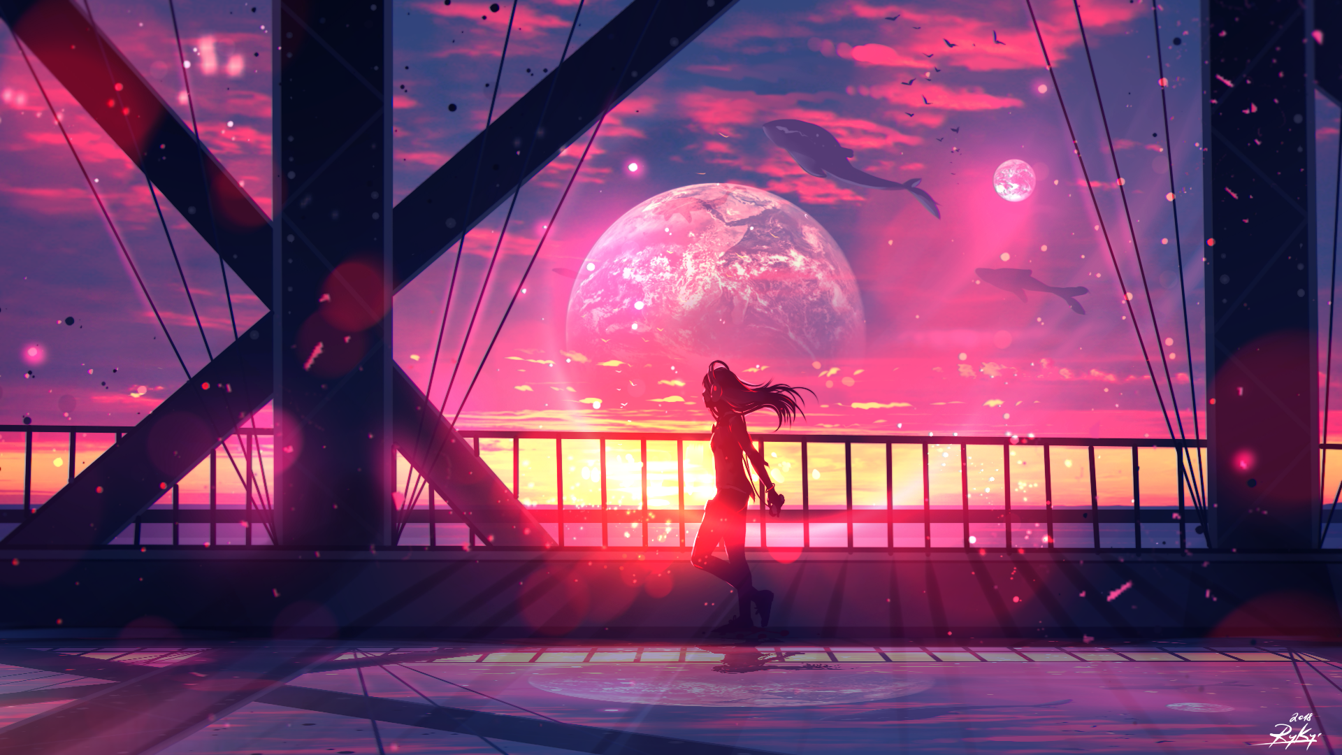 ryky, painting, digital art, bridge, sunset, whale, bokeh, HD Wallpaper