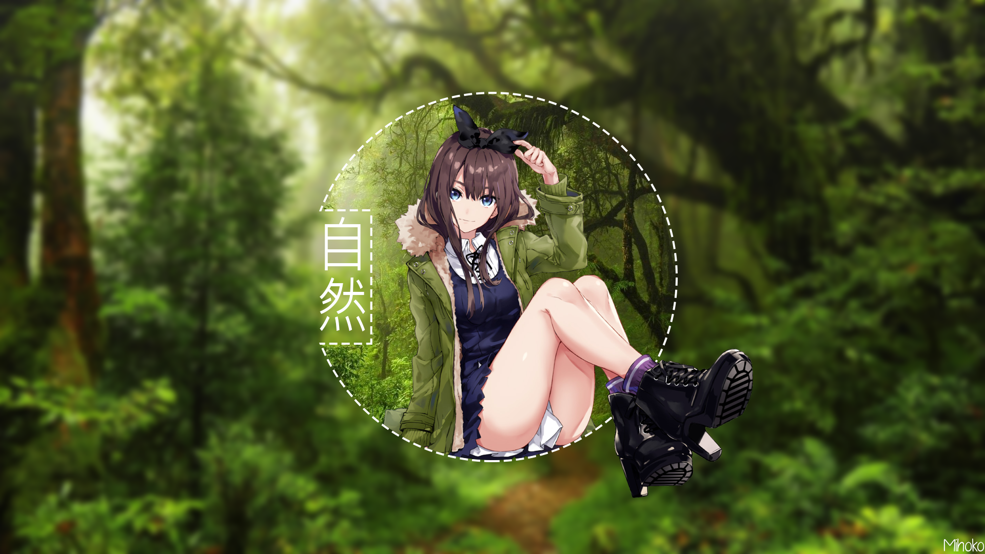 anime girls, picture-in-picture, depth of field, looking at viewer, kanji, legs, smiling, HD Wallpaper