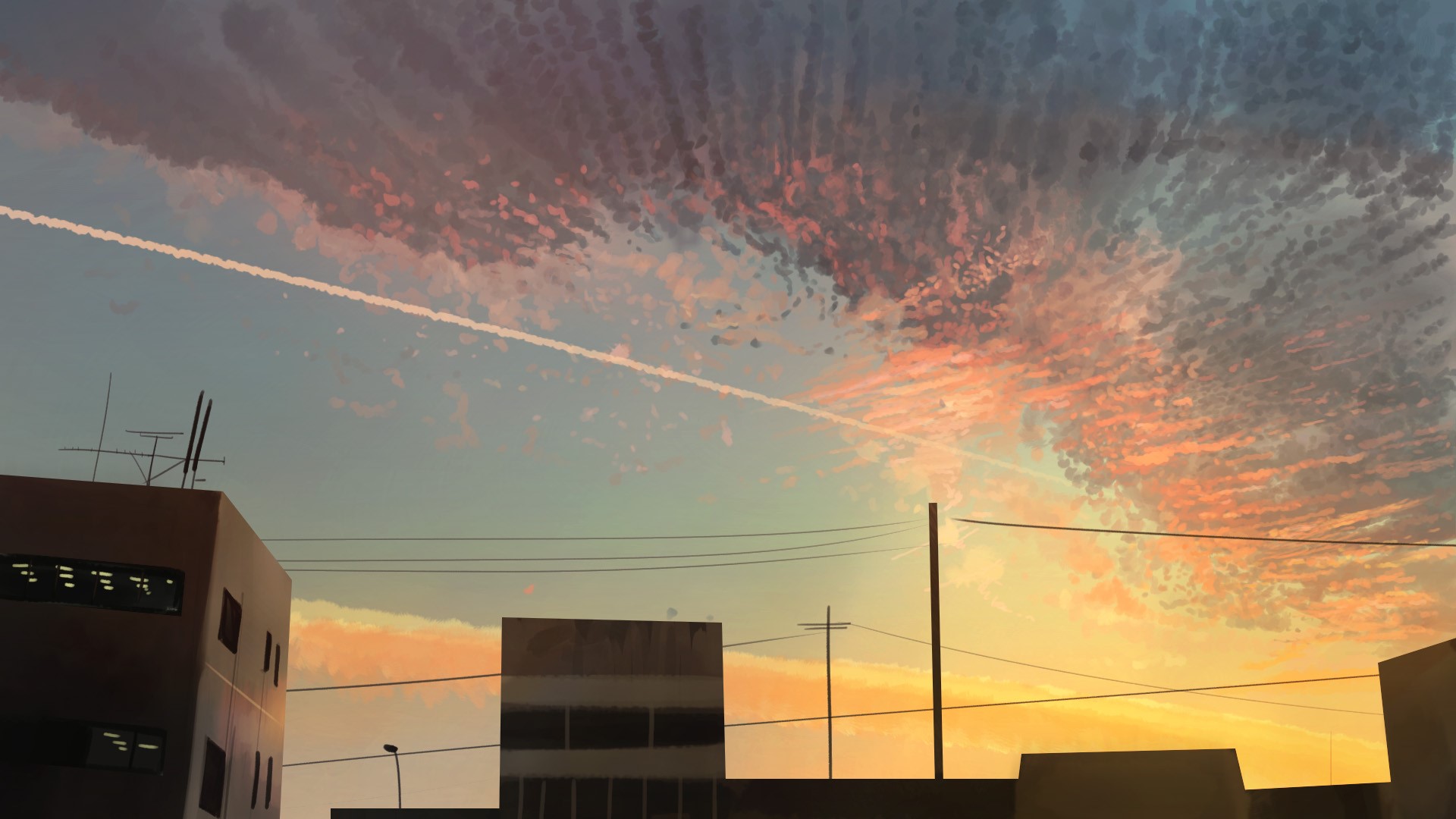 sunset, anime, contrails, HD Wallpaper
