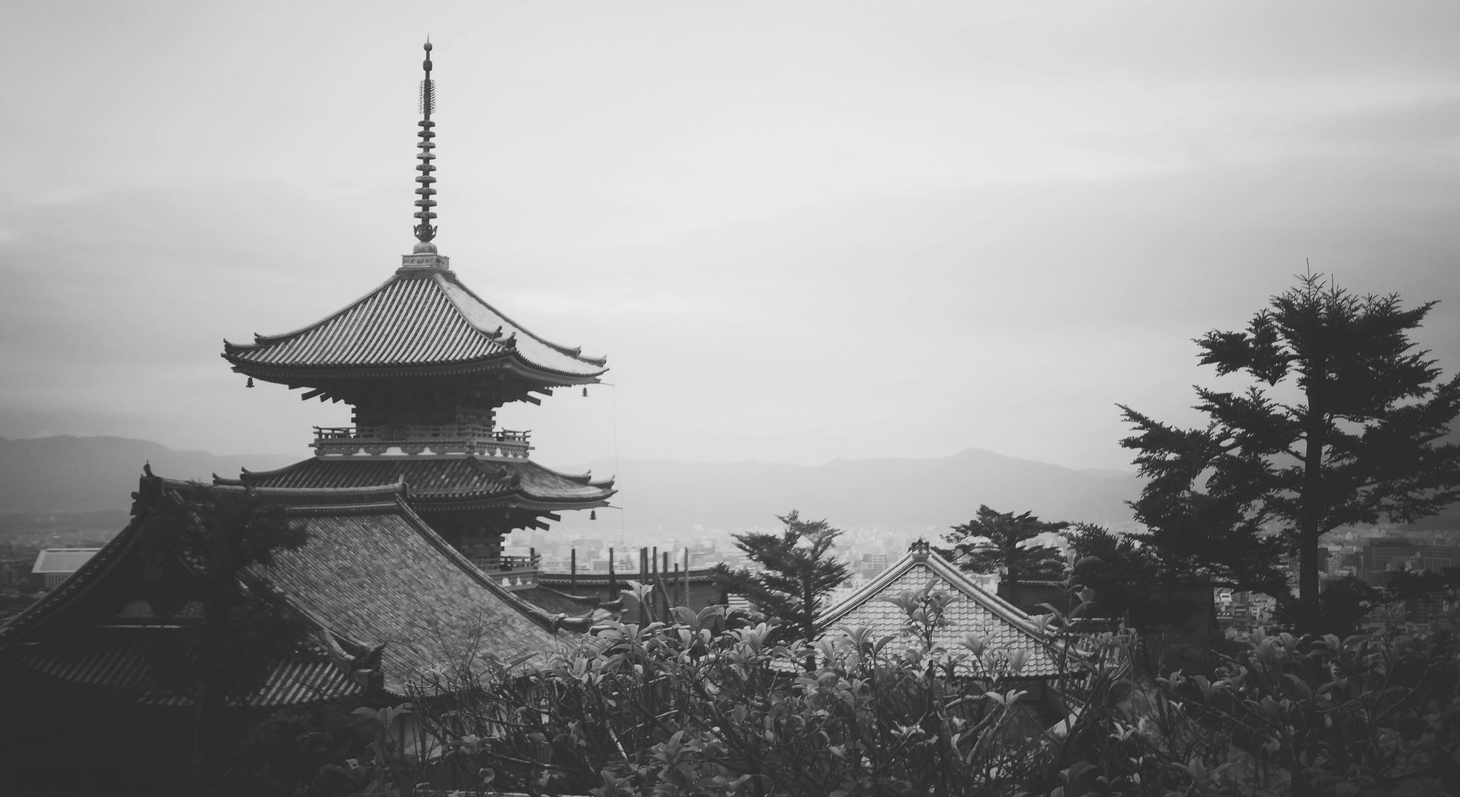 monochrome, Asian architecture, building, far view, Asia, pagoda, city, HD Wallpaper