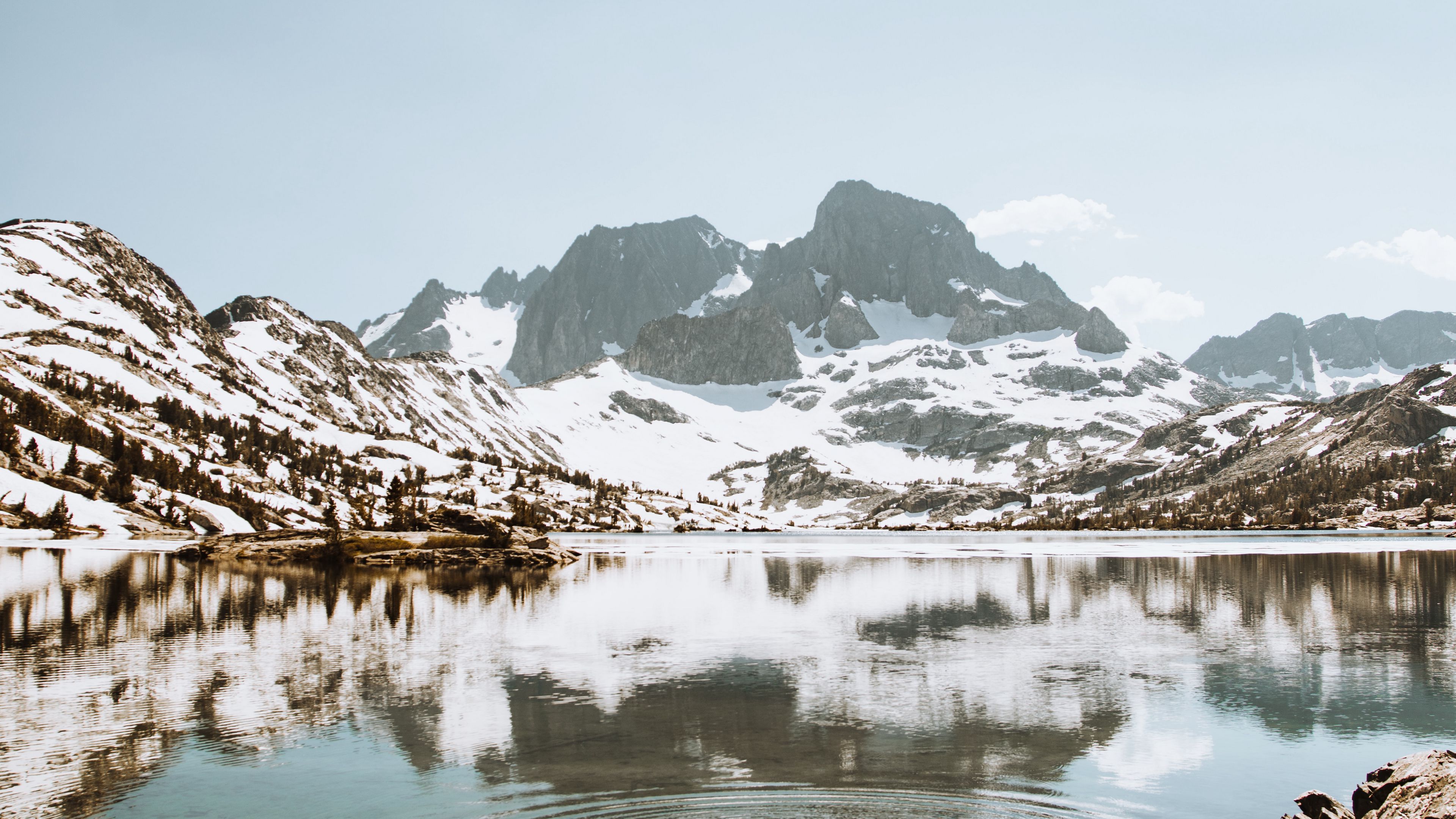 lake, mountains, snow, landscape, winter, 4k, HD Wallpaper