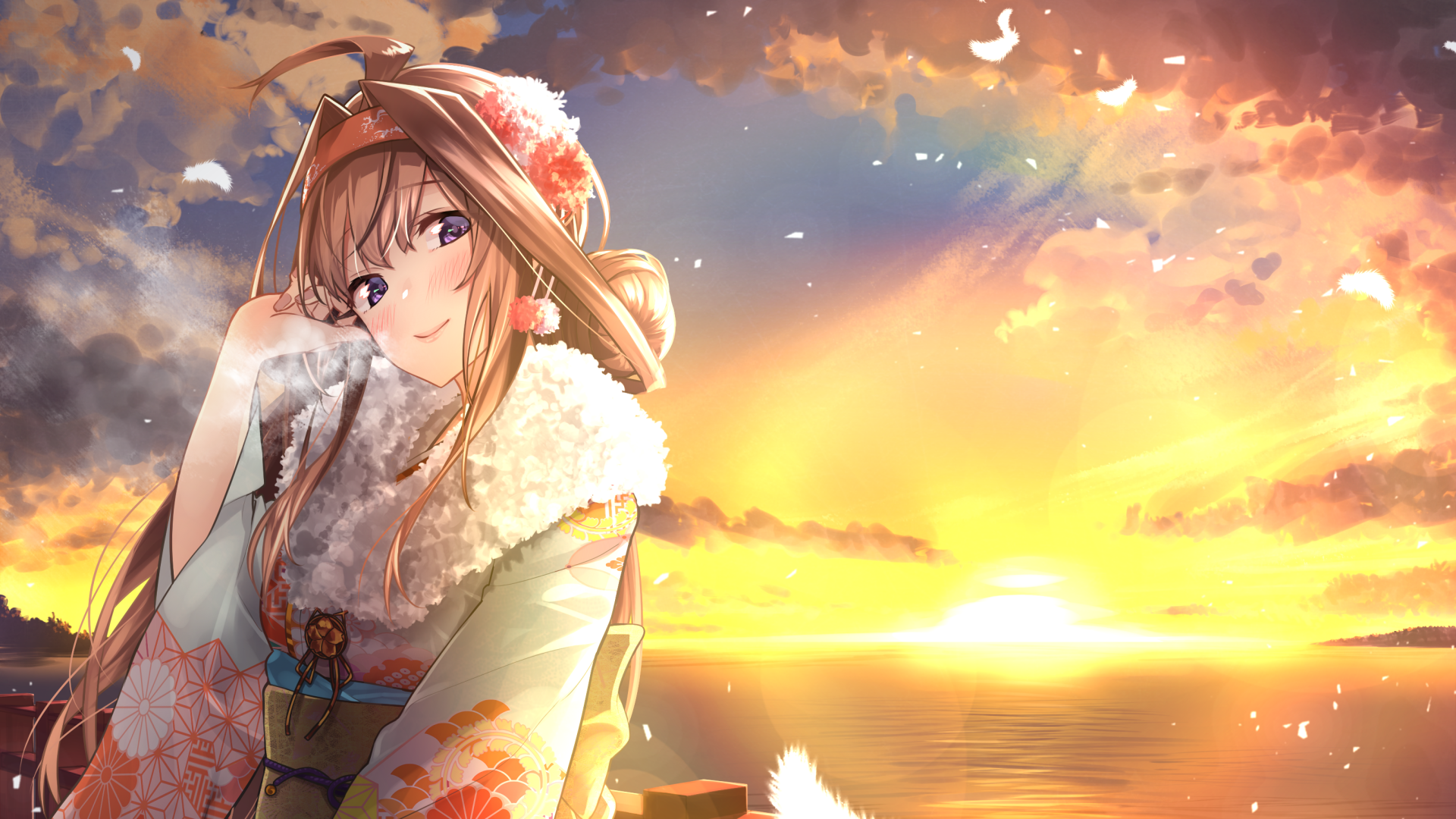 Kantai Collection, Kongou (KanColle), anime girls, brunette, sky, sunlight, anime, HD Wallpaper
