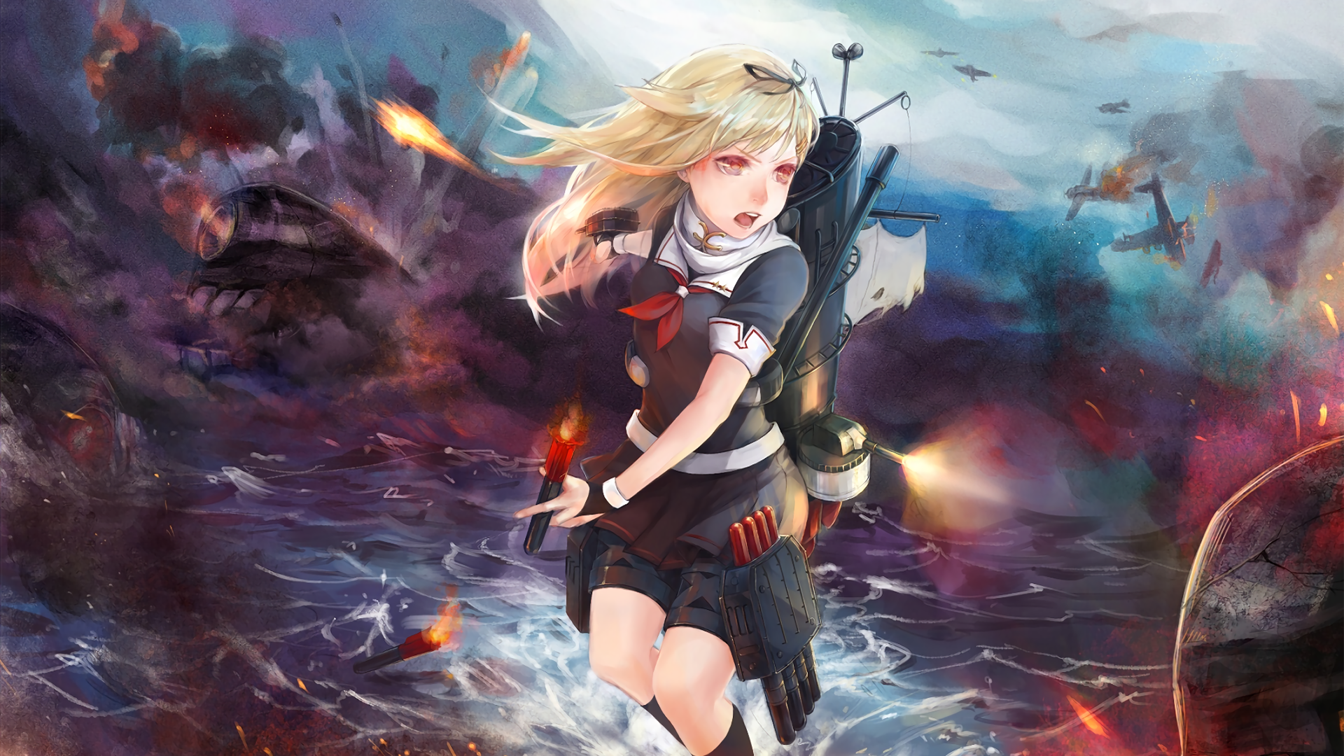 Kantai Collection, Yuudachi (KanColle), anime, anime girls, blonde, open mouth, HD Wallpaper