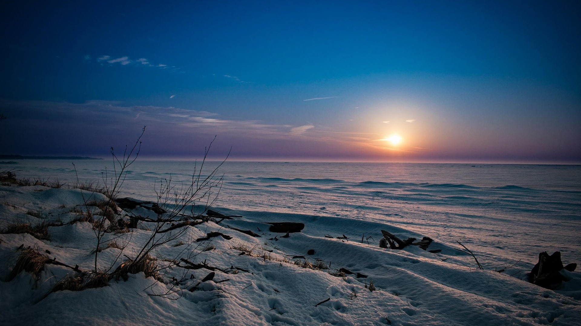 sunset, clouds, frozen lake, snow, HD Wallpaper