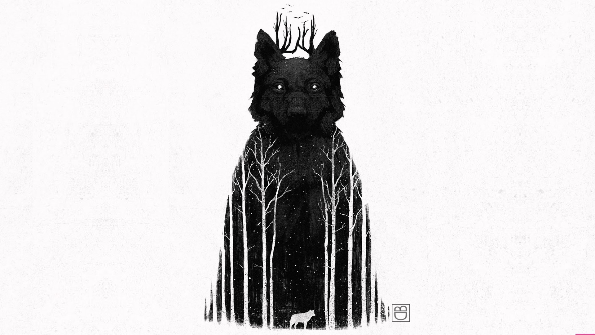 simple background, artwork, white background, wolf, monochrome, forest, night, trees, night sky, looking at viewer, illustration, Dan Burgess, simple, birds, winter, snow, frontal view, HD Wallpaper