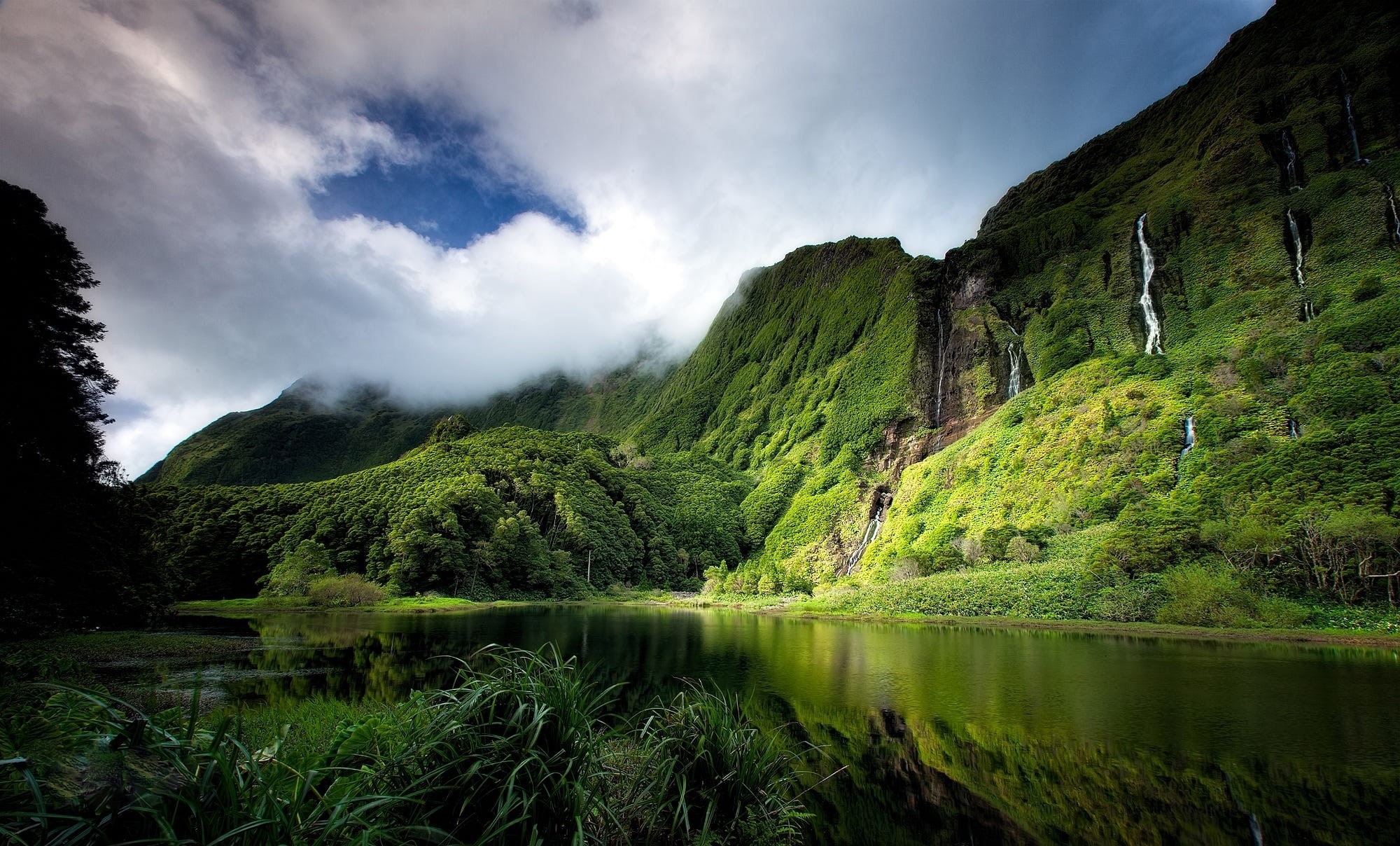 green, nature, landscape, clouds, water, HD Wallpaper