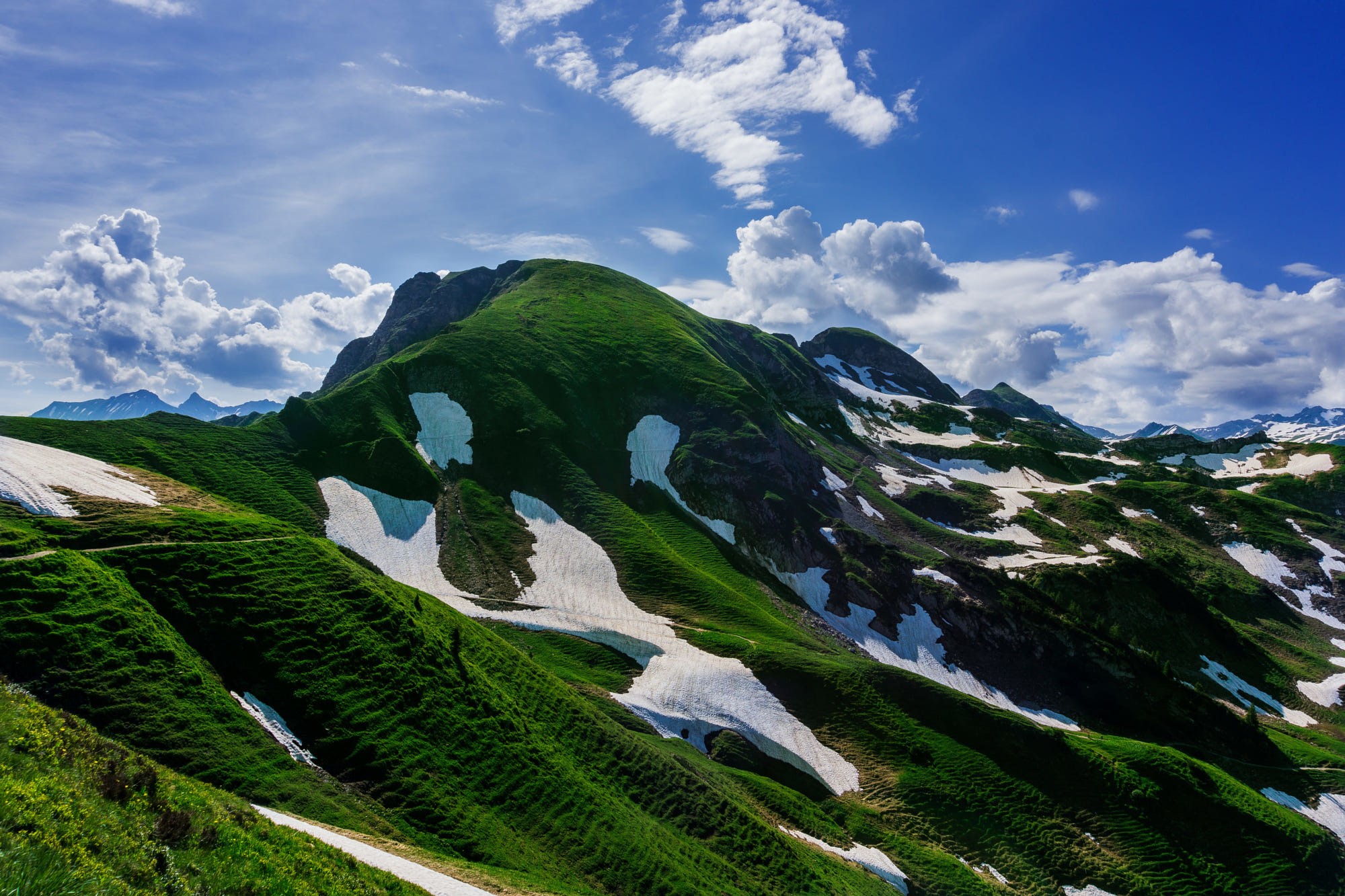 mountains, nature, blue, sky, snow, green, landscape, HD Wallpaper