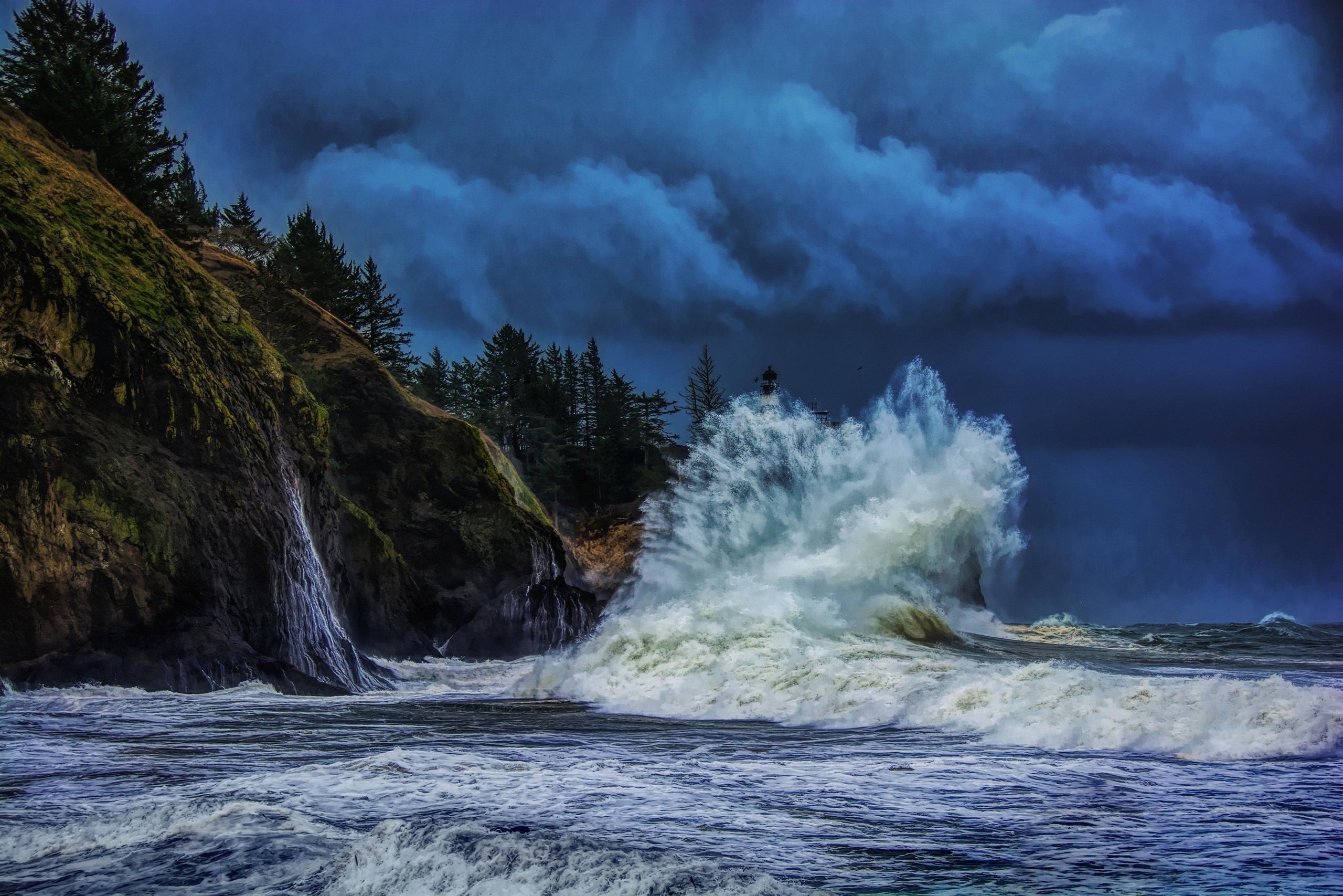 nature, sea, waves, dark, sky, water, cliff, HD Wallpaper