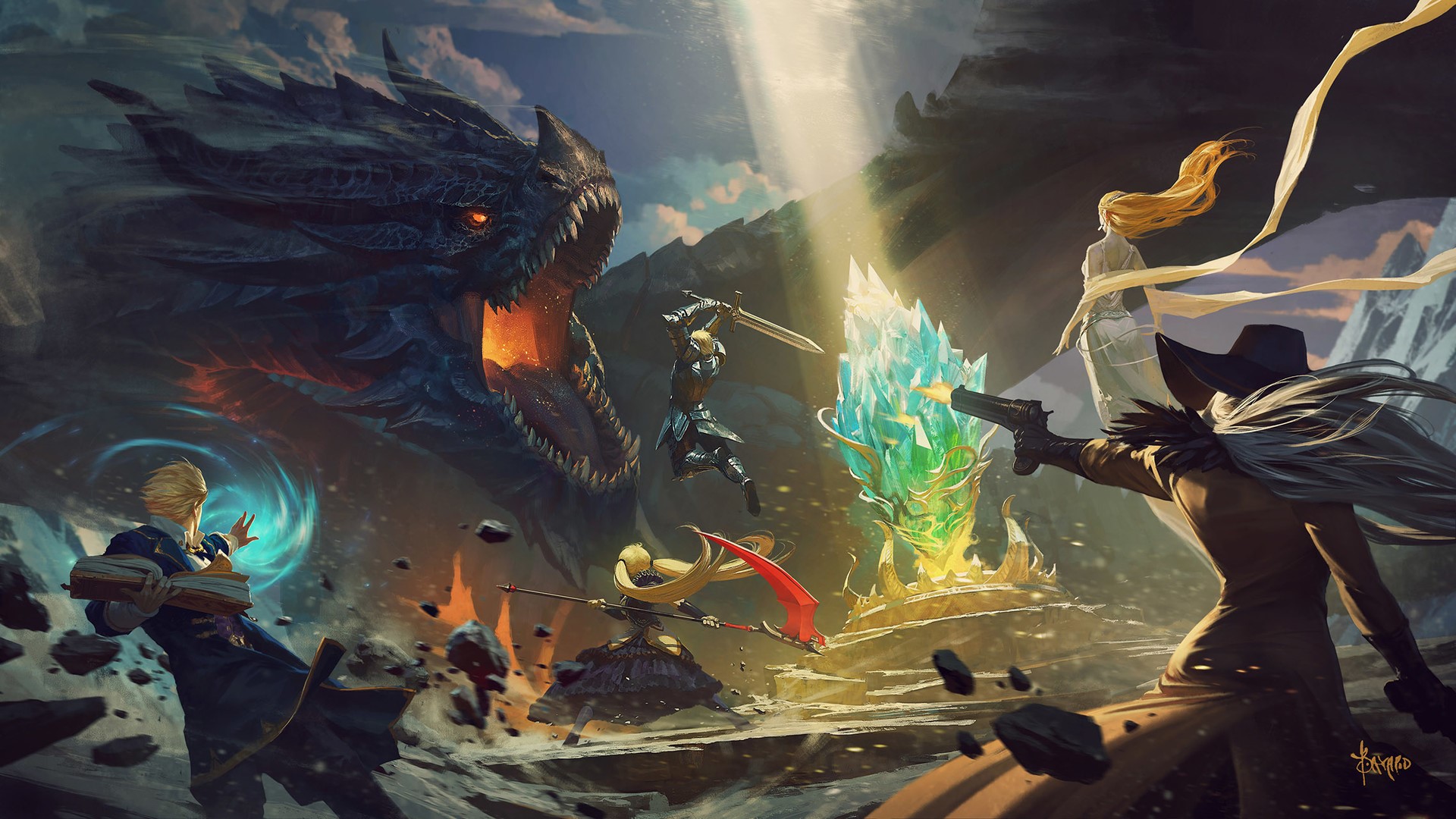 video games, dragon, digital art, artwork, scythe, crystal, sunbeams, HD Wallpaper