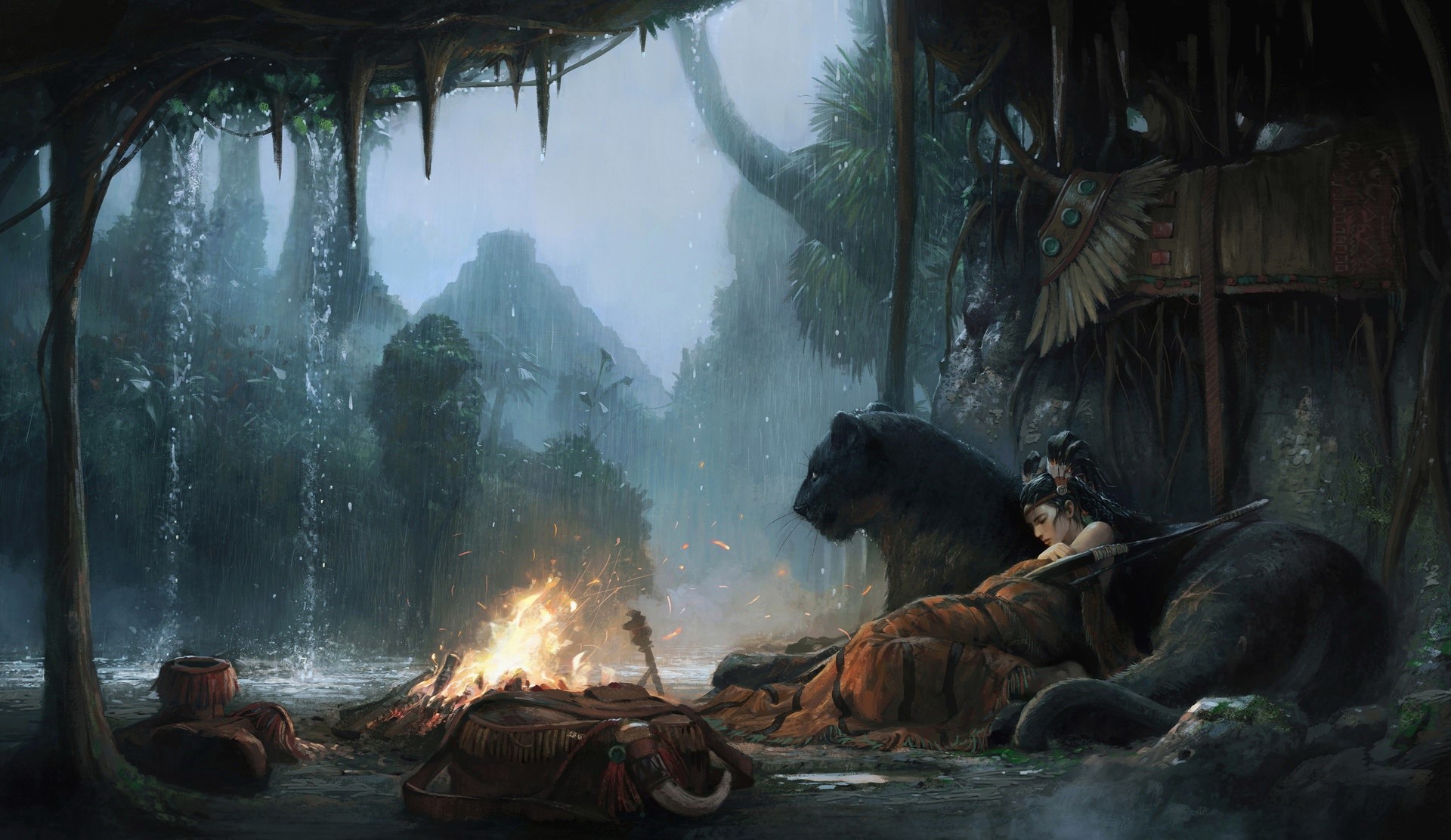 fantasy art, fantasy girl, wild cat, bow, rain, artwork, sleeping, bonfires, cave, HD Wallpaper