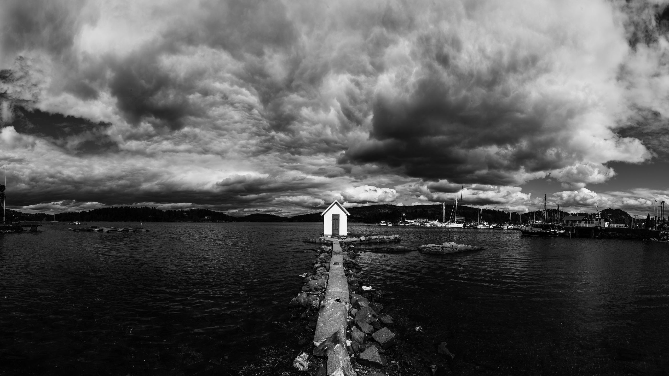 monochrome, sea, house, clouds, ship, mountains, HD Wallpaper