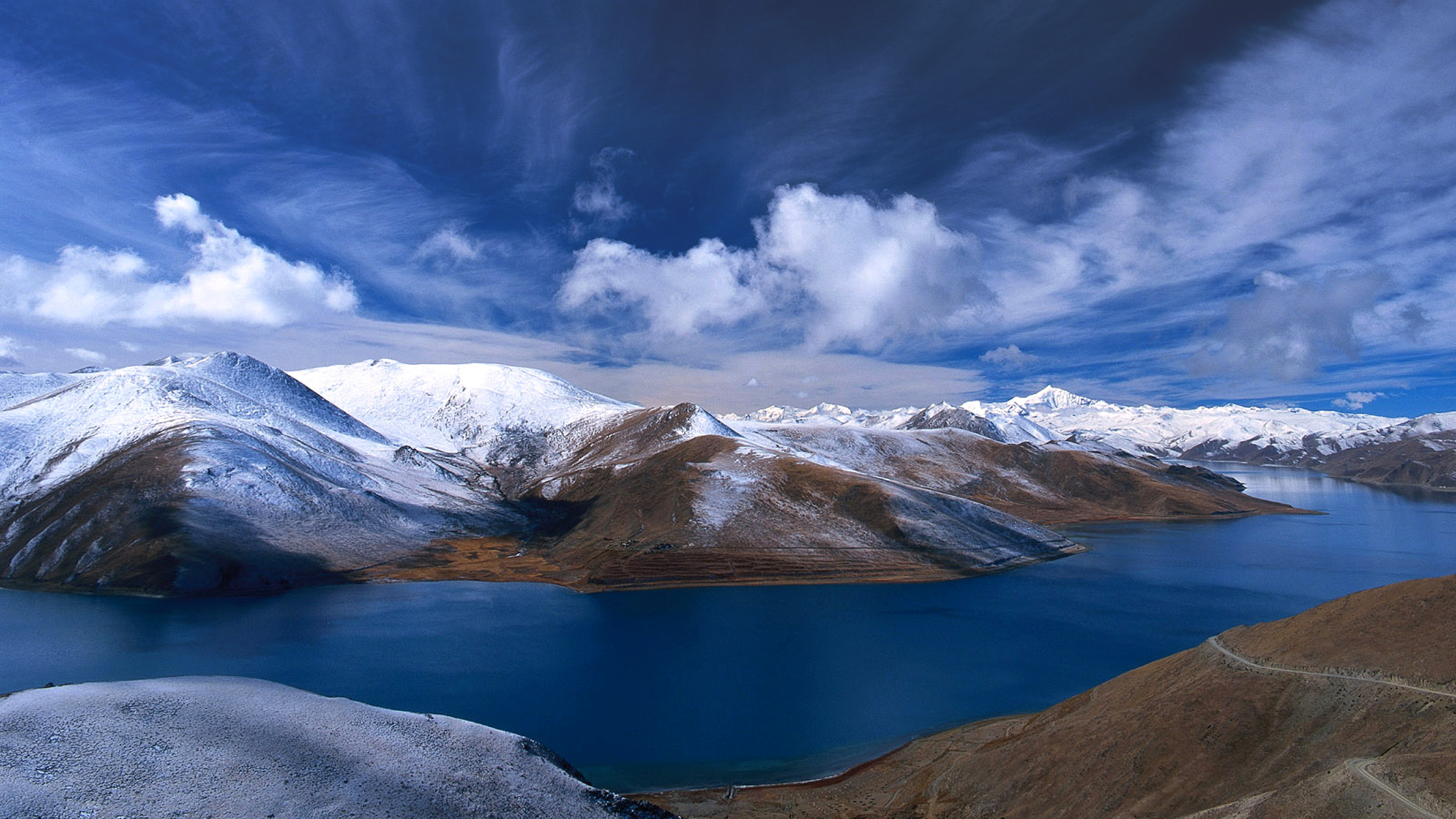 landscape, nature, mountains, mountain top, snow, river, sky, HD Wallpaper