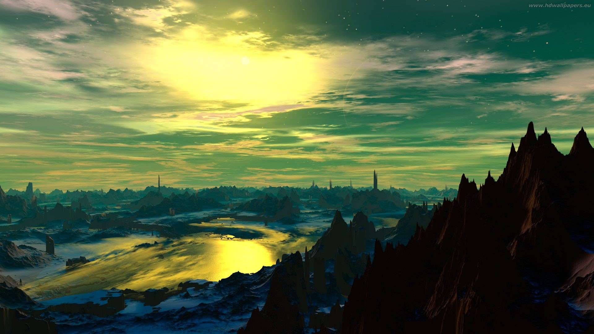 sky, Sun, mountains, snow, landscape, artwork, 3D, nature, HD Wallpaper