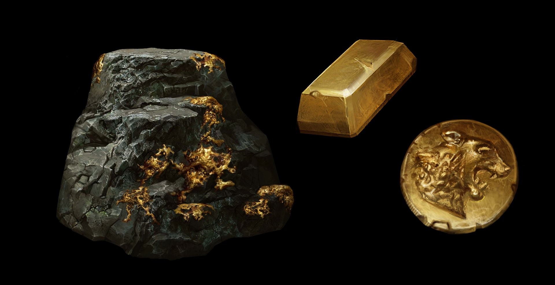 jewels, rocks, black background, Betty Jiang, gold, coin, HD Wallpaper