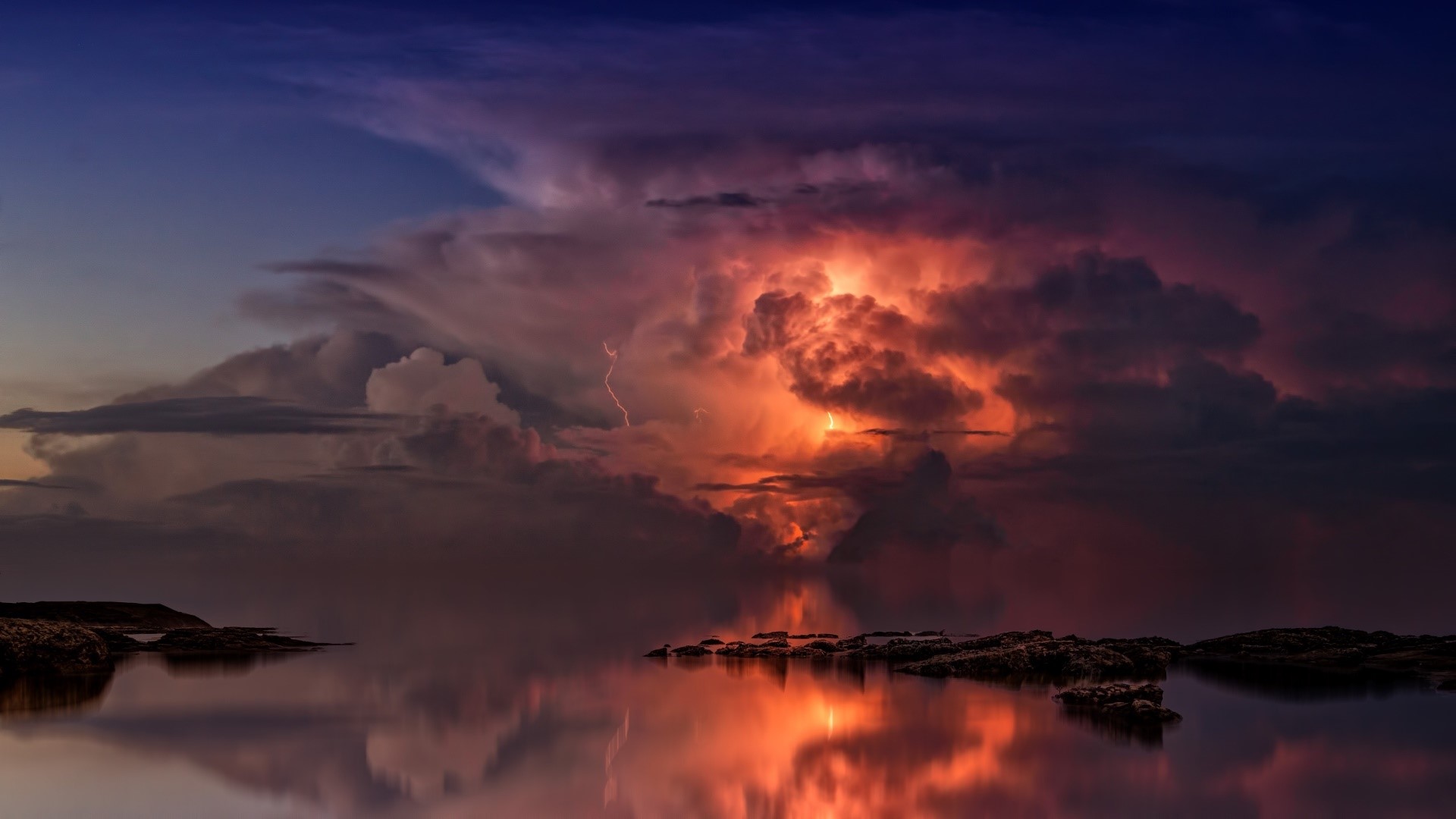 sky, clouds, lightning, storm, reflection, HD Wallpaper