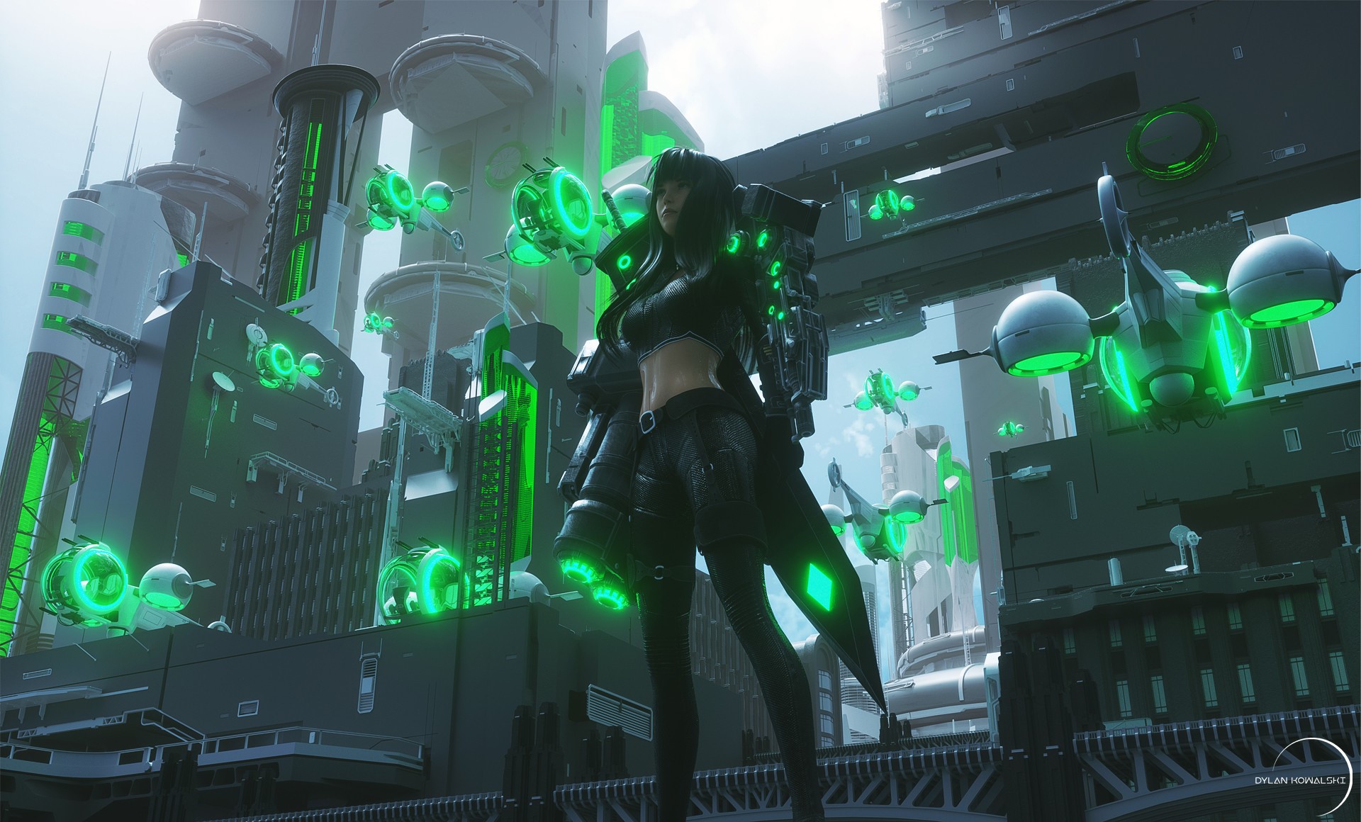 3D, city, cyber city, green, futuristic, digital art, women, standing, dylan kowaski, HD Wallpaper
