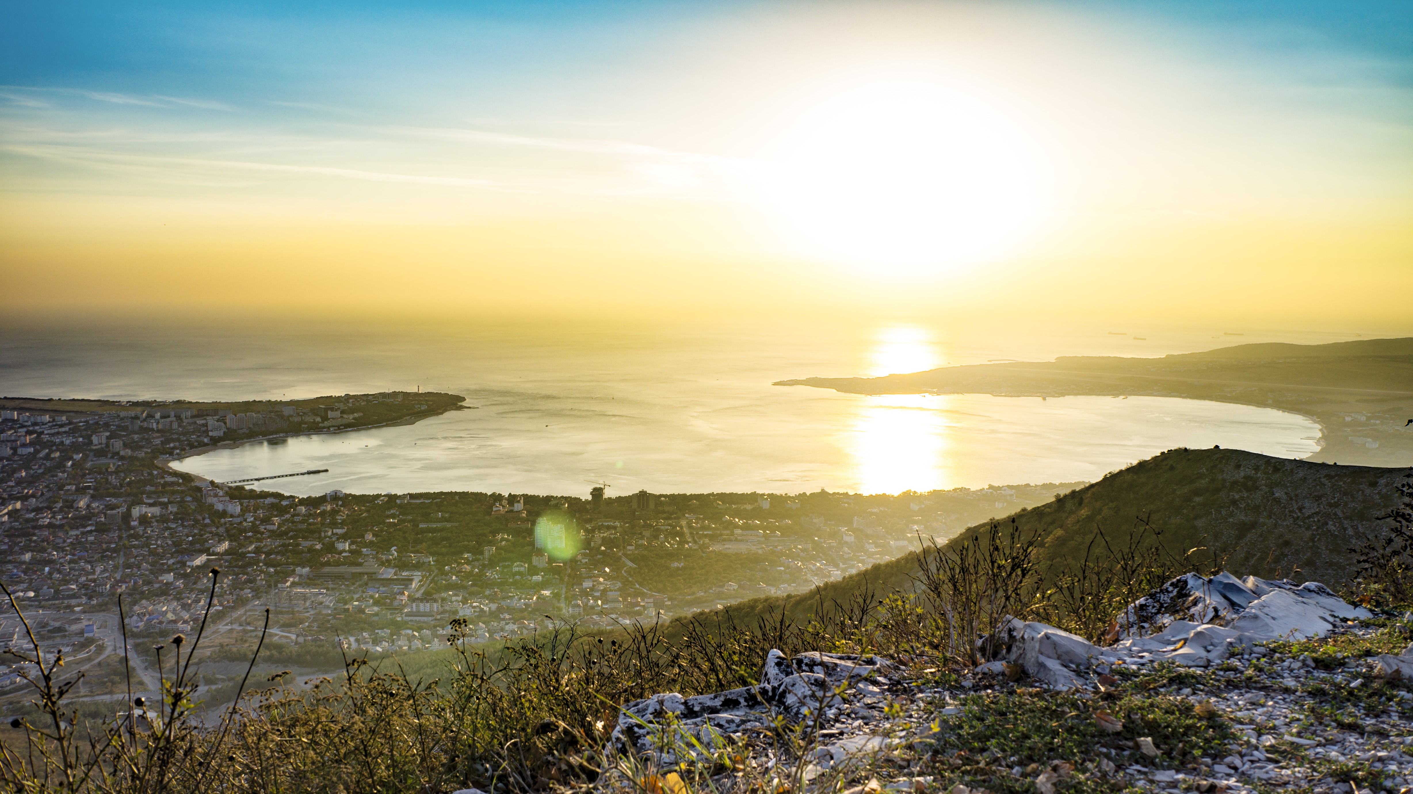 nature, water, mountains, sunset, bay, HD Wallpaper