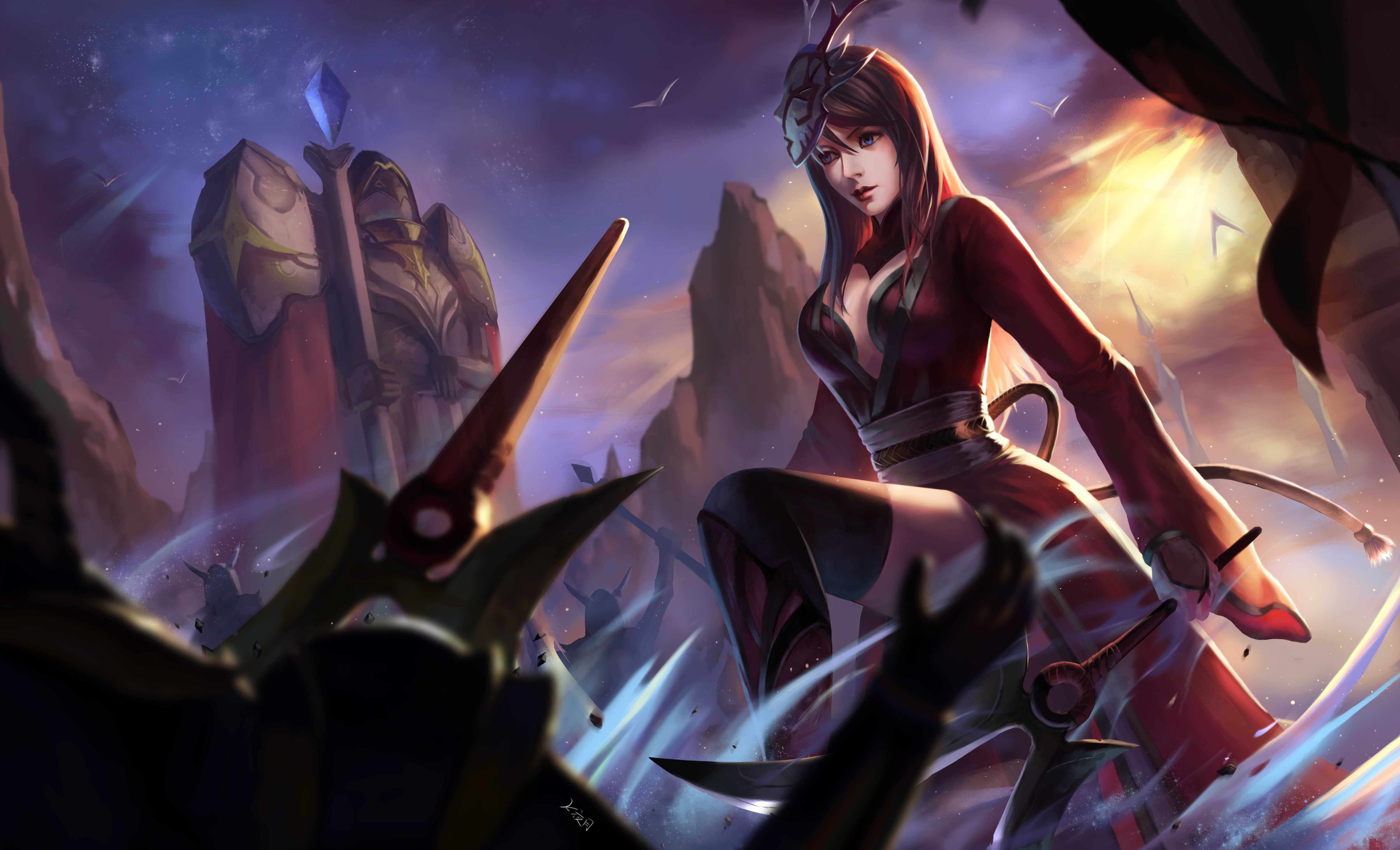 Girls Avenue, anime girls, red dress, women with swords, cleavage, HD Wallpaper