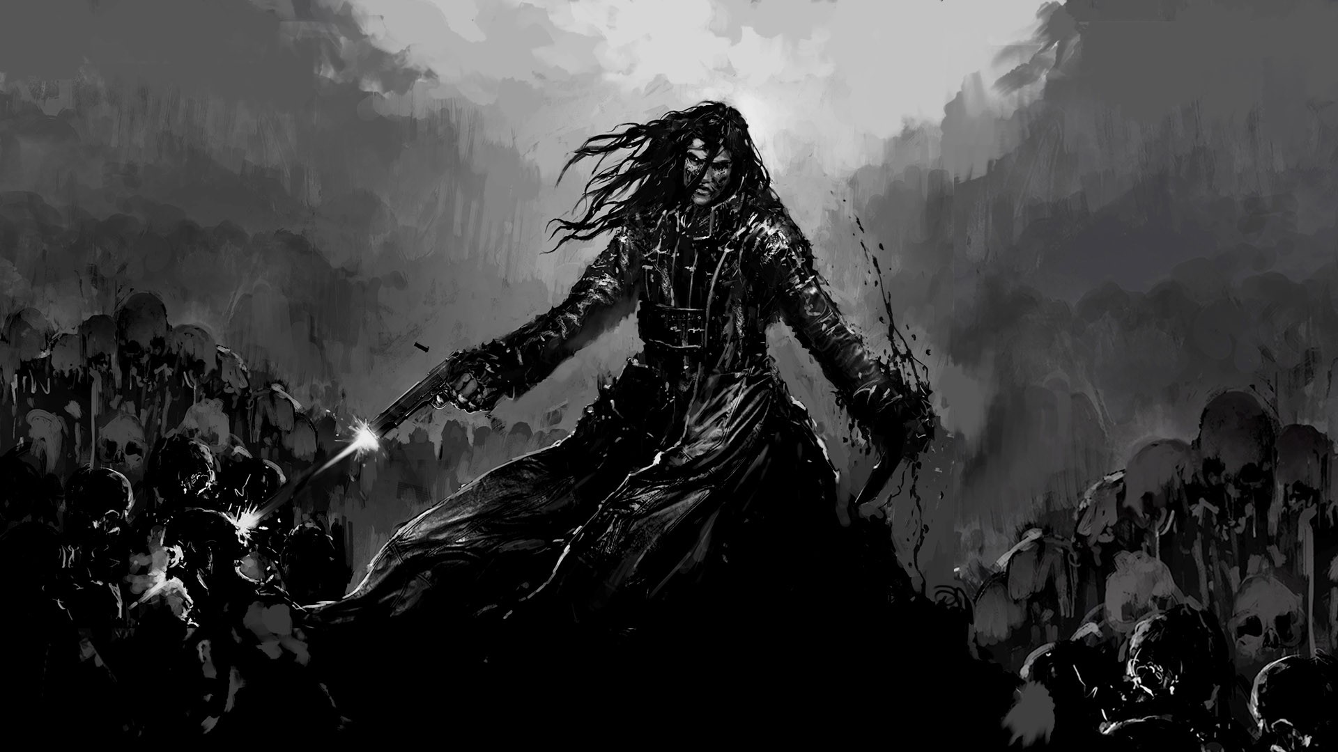 Hatred, monochrome, black hair, video games, gun, skull, knife, HD Wallpaper