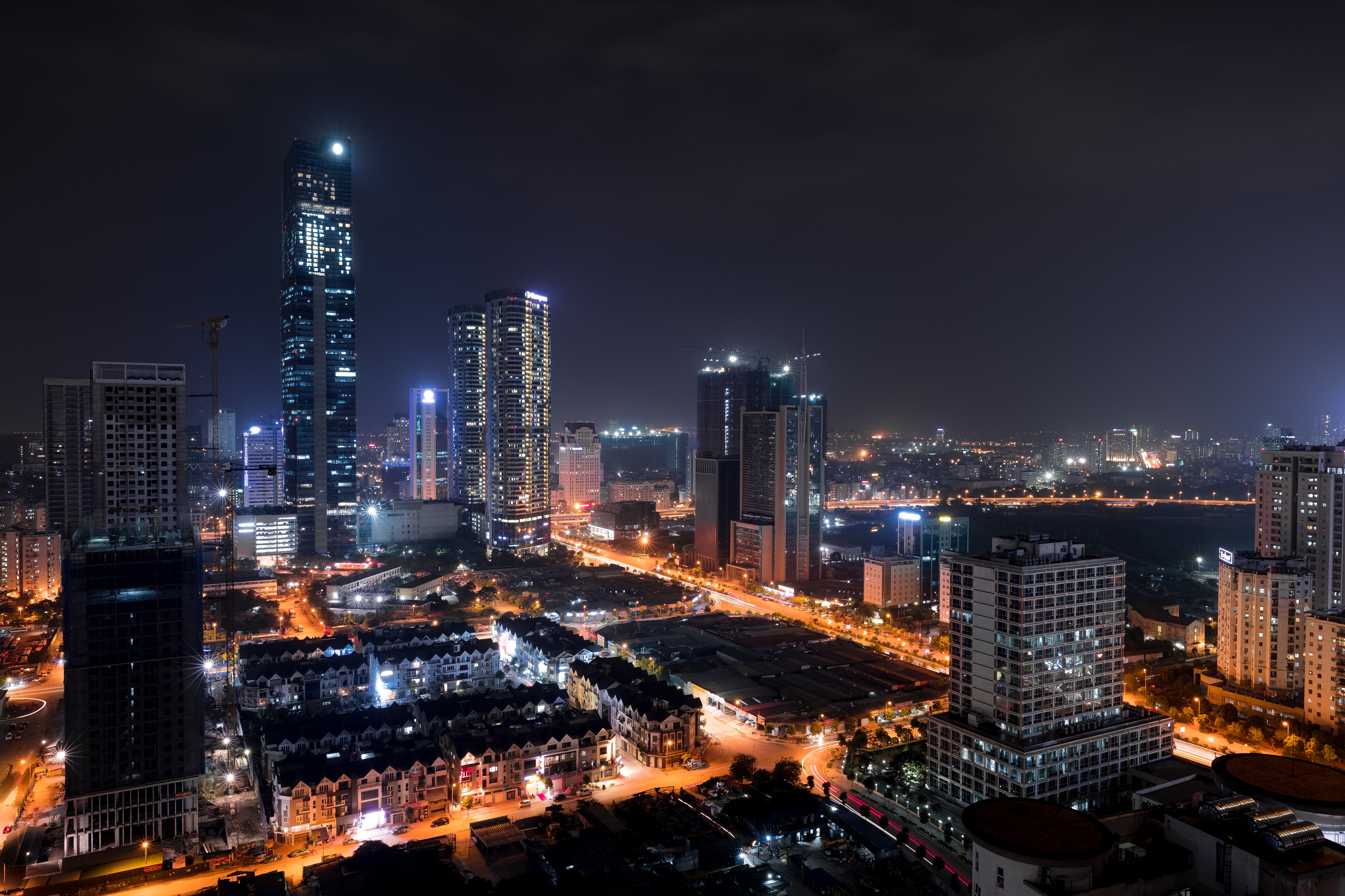 city, skyline, night, lights, skyscraper, road, Vietnam, Asia, Hanoi, HD Wallpaper