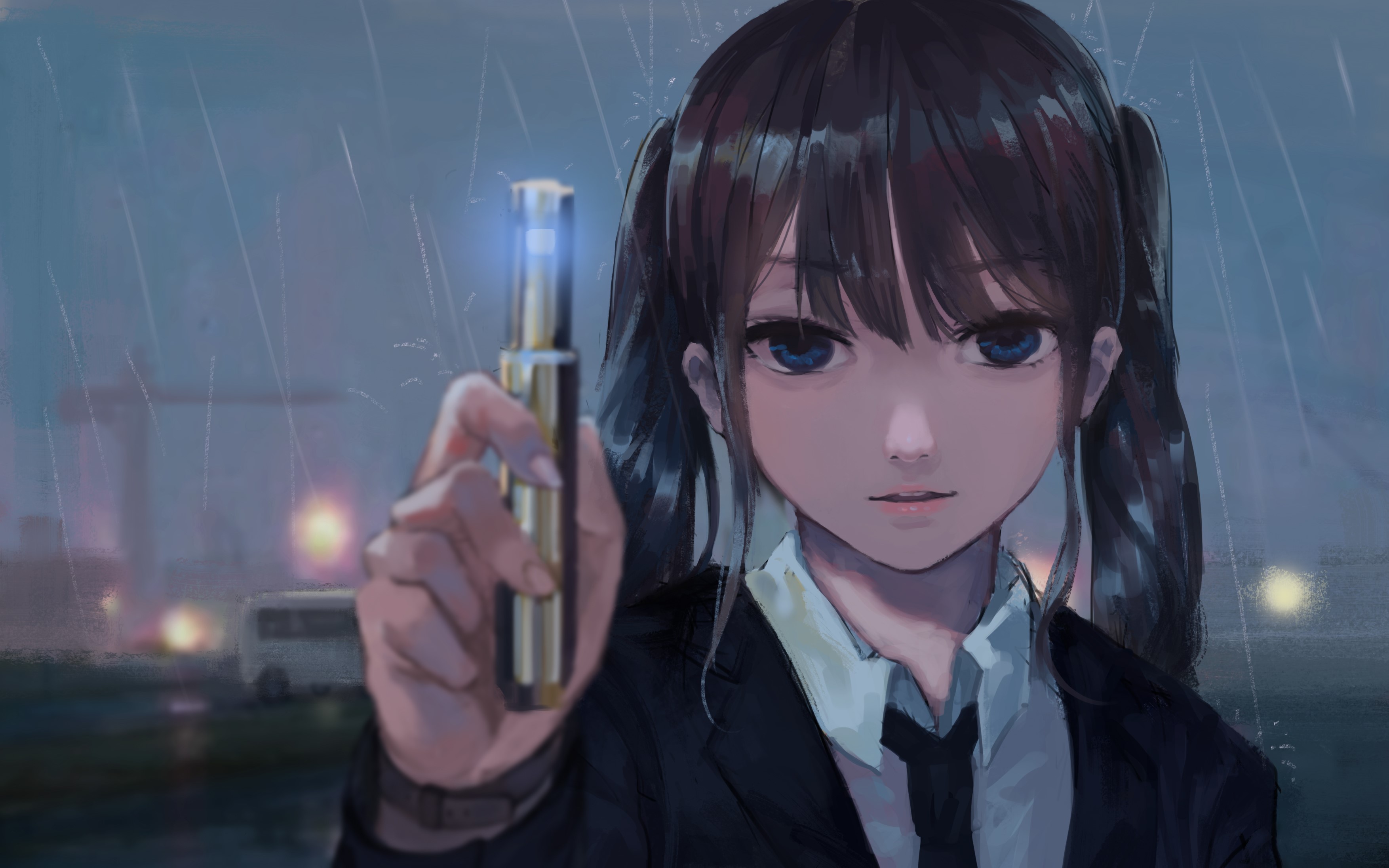 anime girls, Man In Black, rain, twintails, Men in Black, HD Wallpaper
