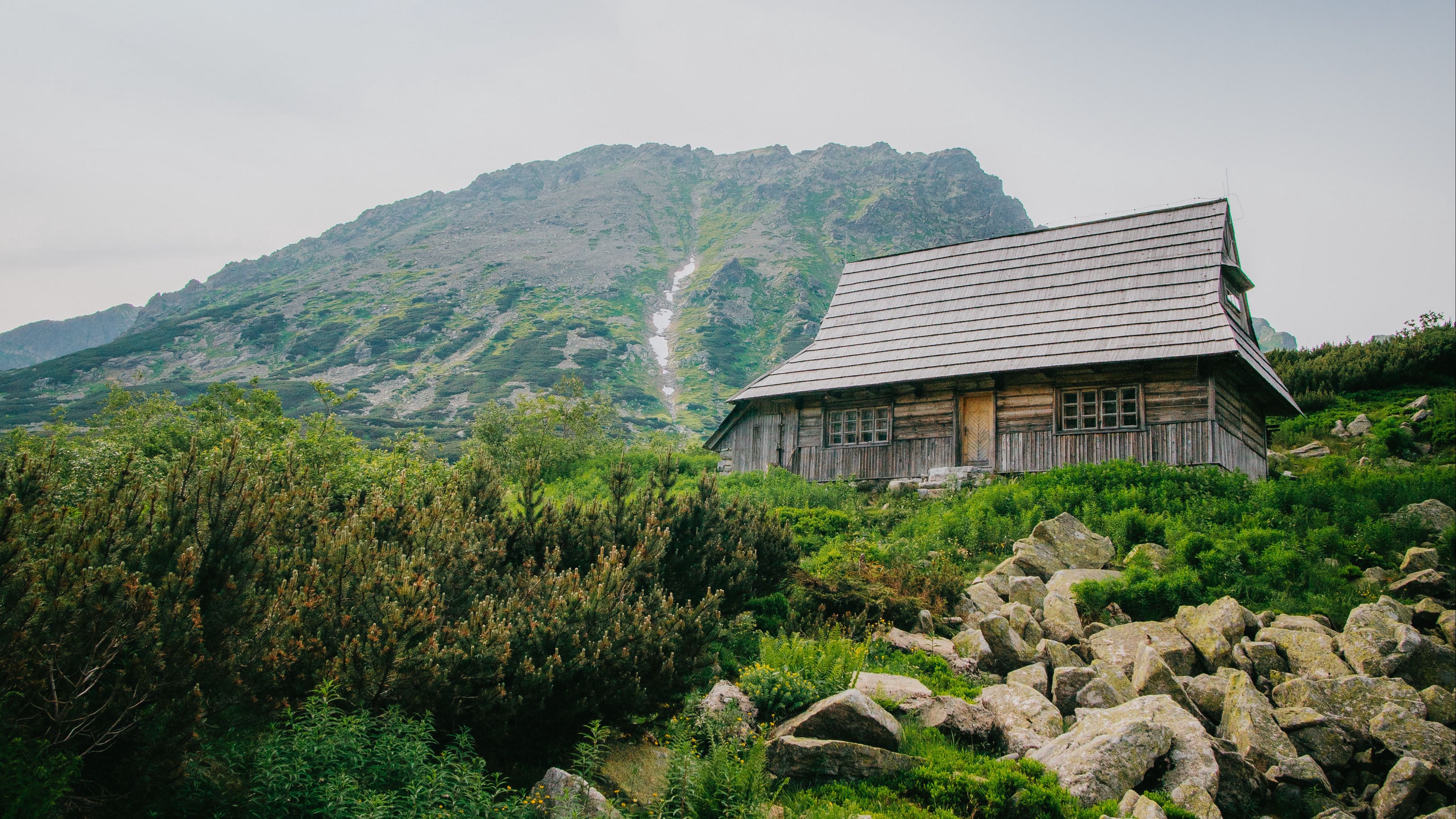house, mountains, nature, stones, slope, 4k, HD Wallpaper