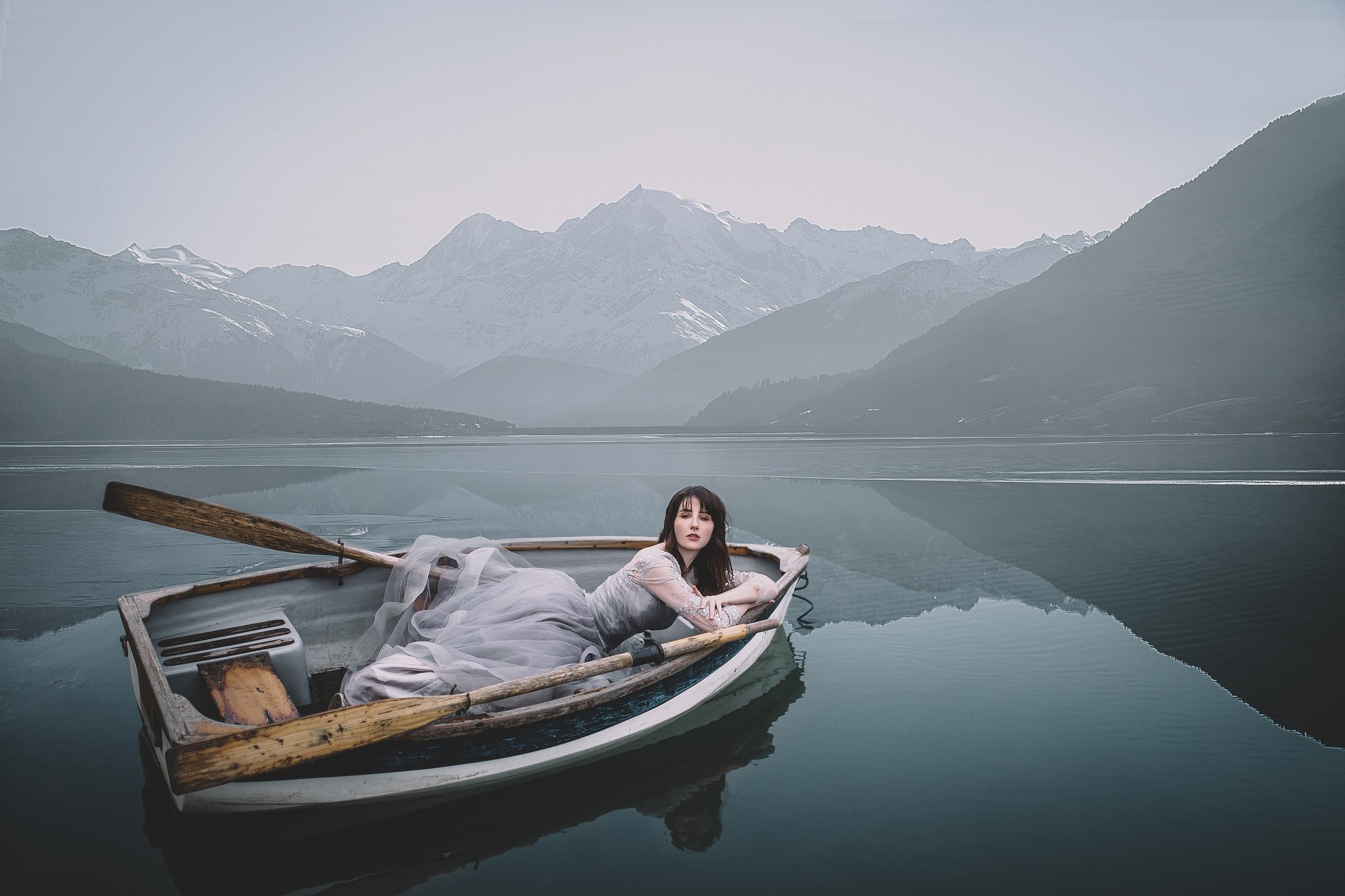 mountains, lake, boat, women, model, HD Wallpaper