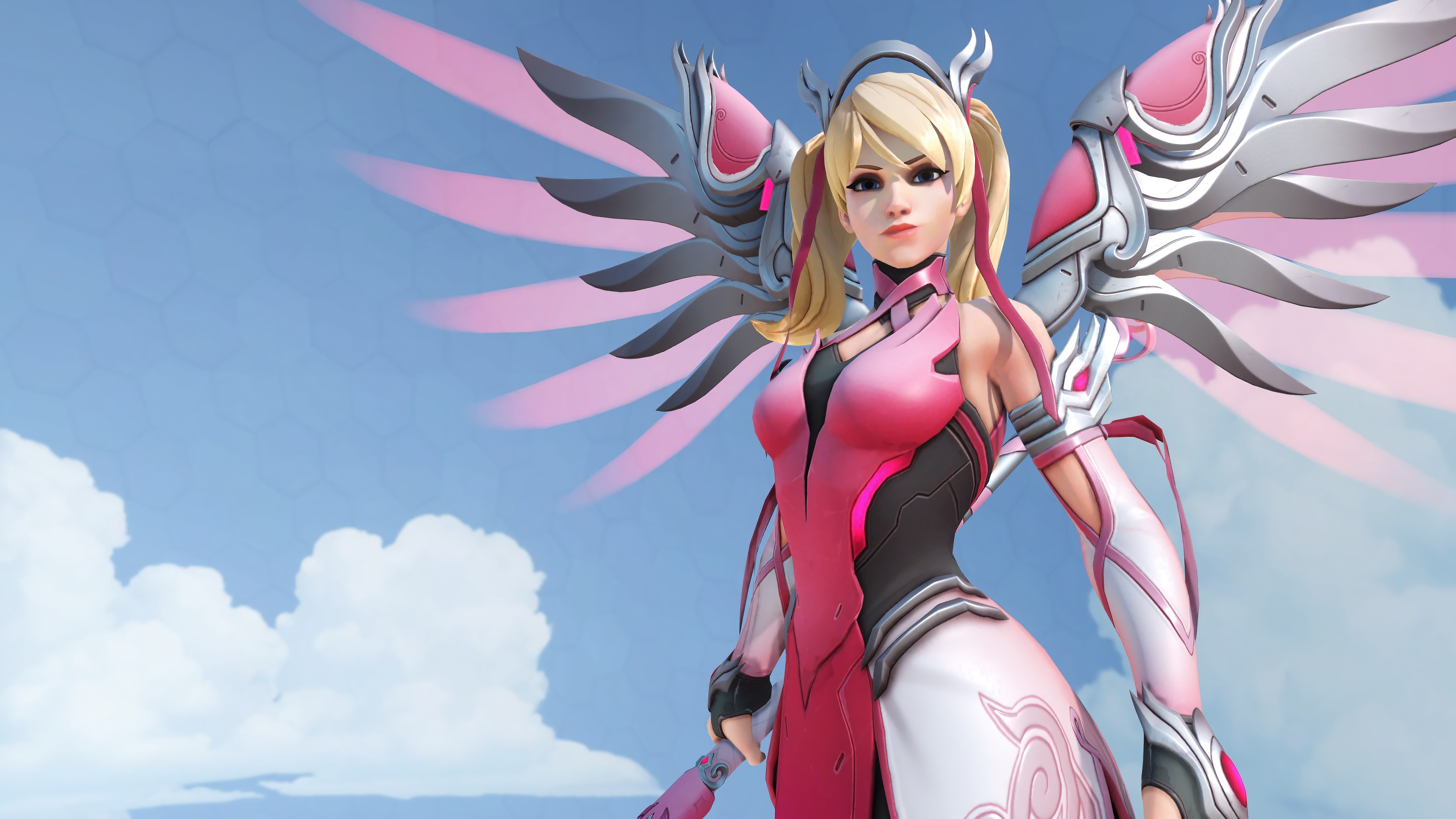 Mercy (Overwatch), pink, Overwatch, wings, blonde, anime girls, HD Wallpaper