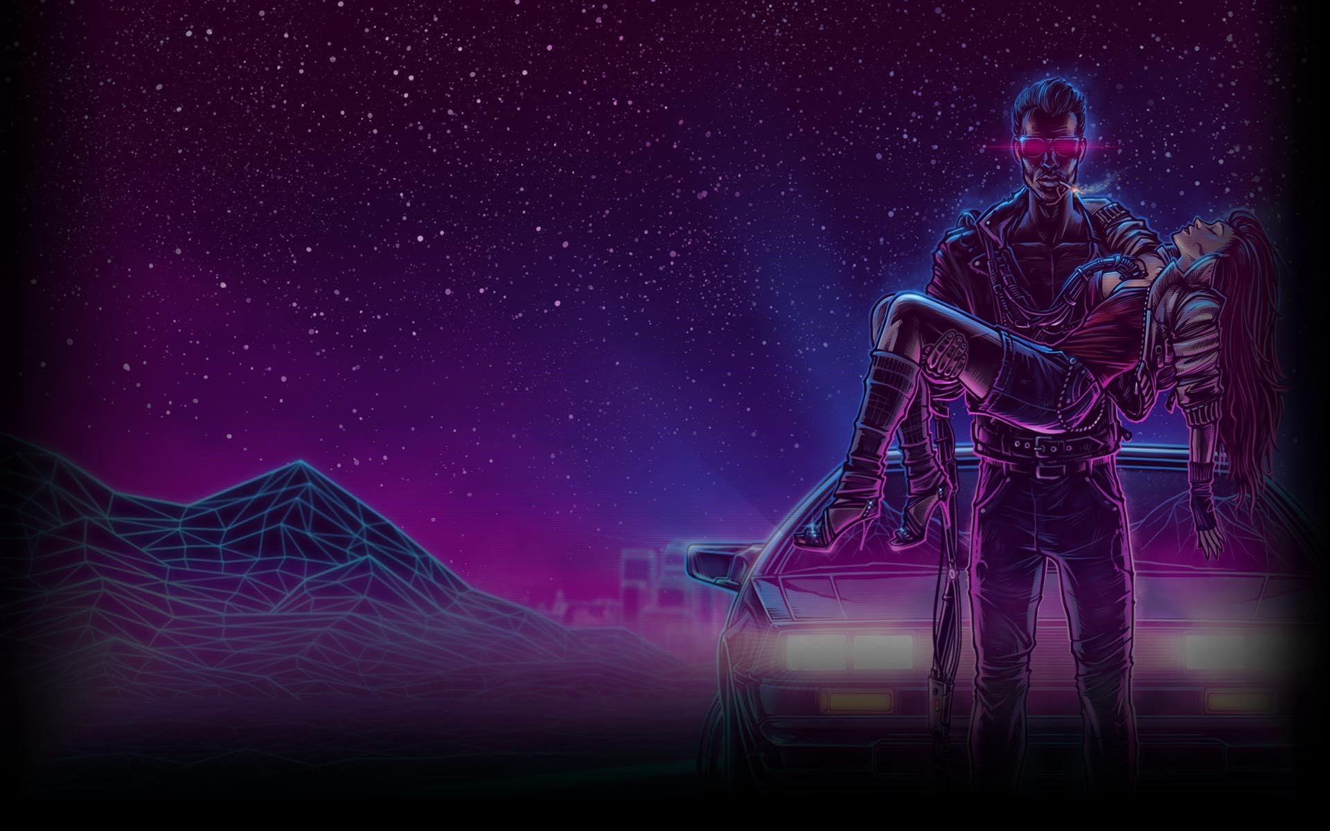 vaporwave, mountains, car, HD Wallpaper